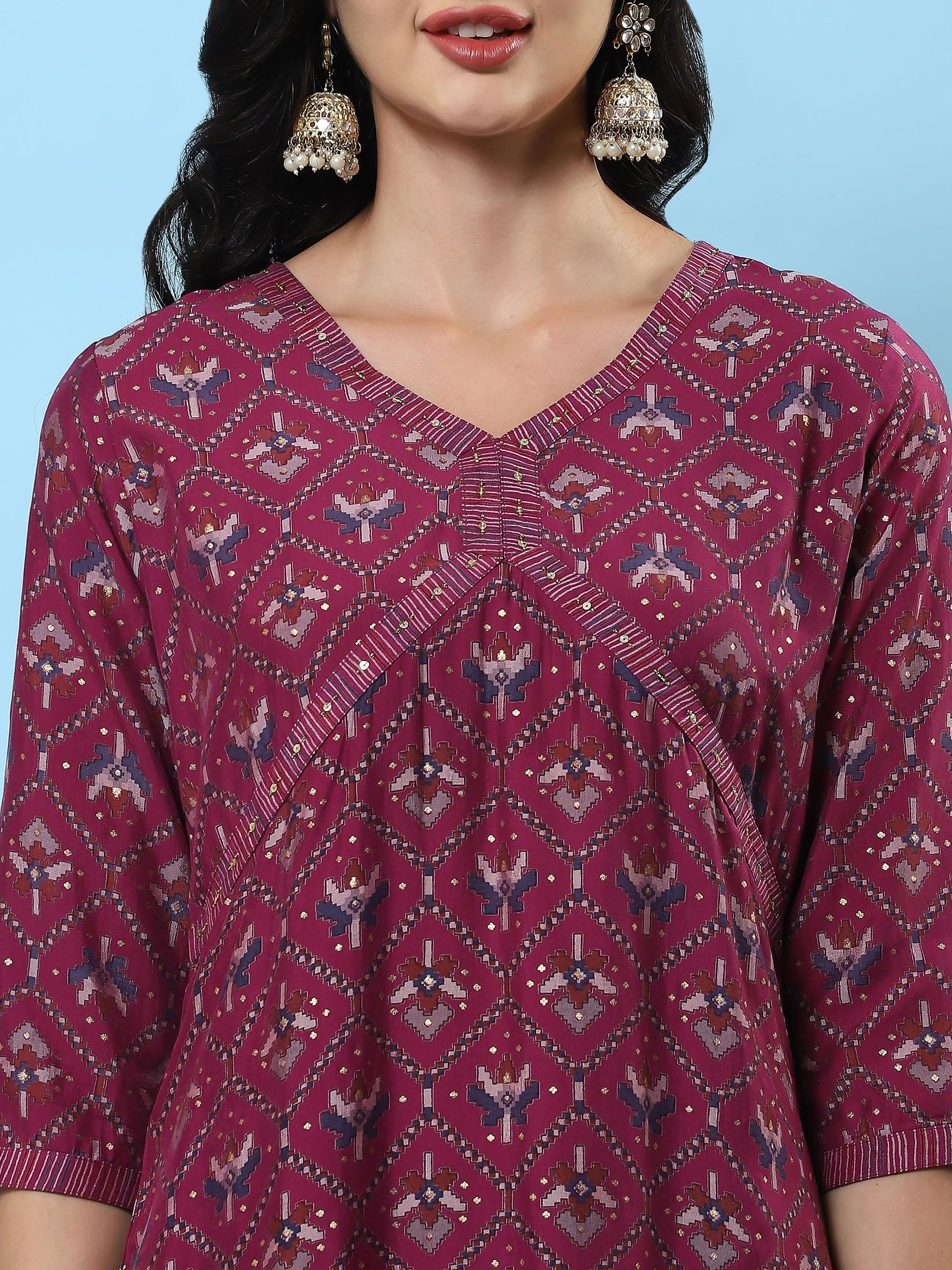 Women Burgundy Abstract Printed Kurta Wide Pant Dupatta.