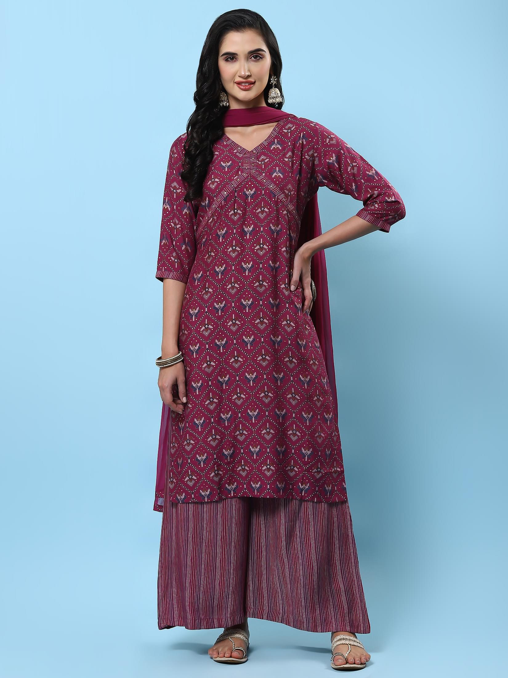 Women Burgundy Abstract Printed Kurta Wide Pant Dupatta.