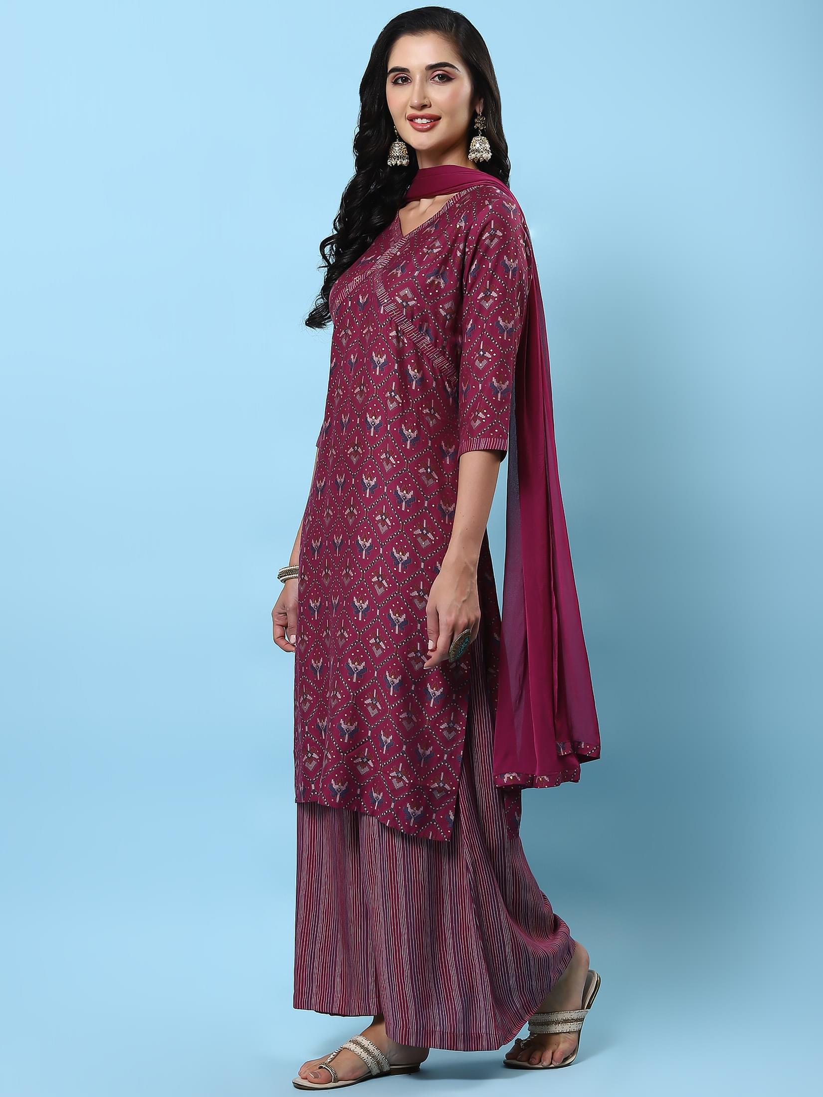 Women Burgundy Abstract Printed Kurta Wide Pant Dupatta.
