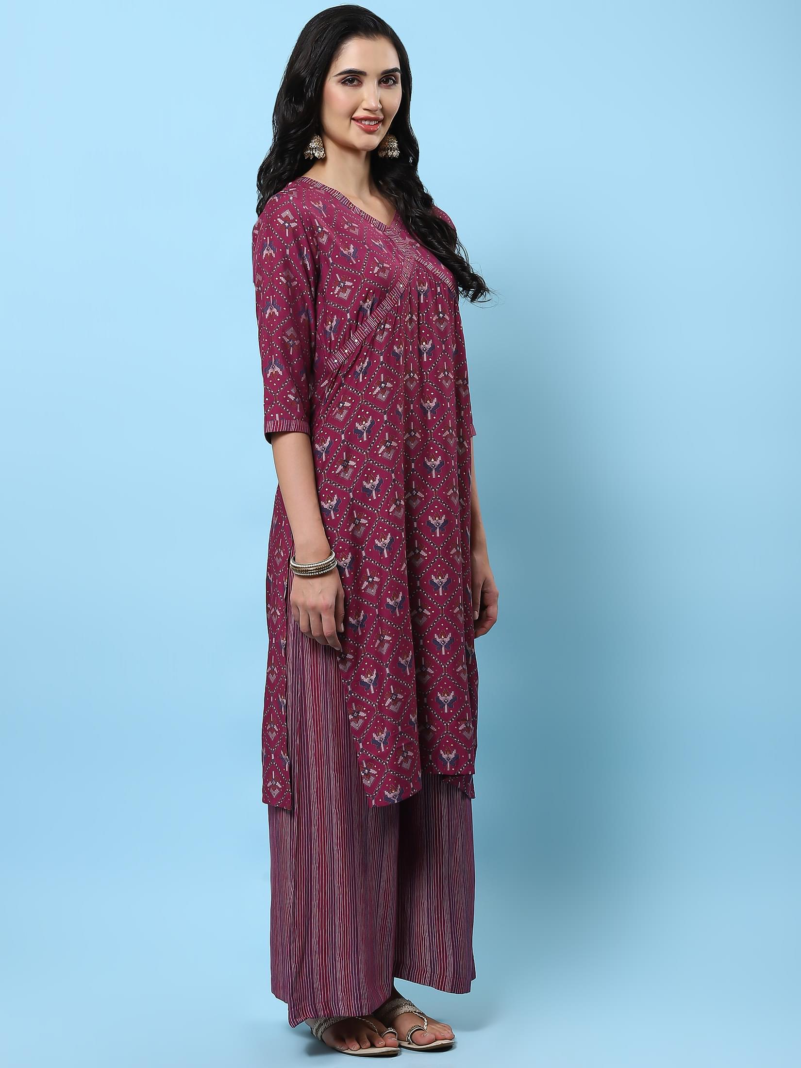 Women Burgundy Abstract Printed Kurta Wide Pant Dupatta.