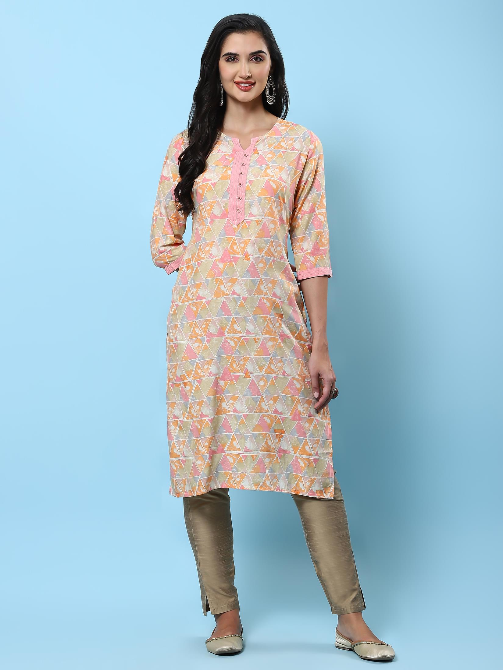 Women Orange Abstract Printed Kurta.