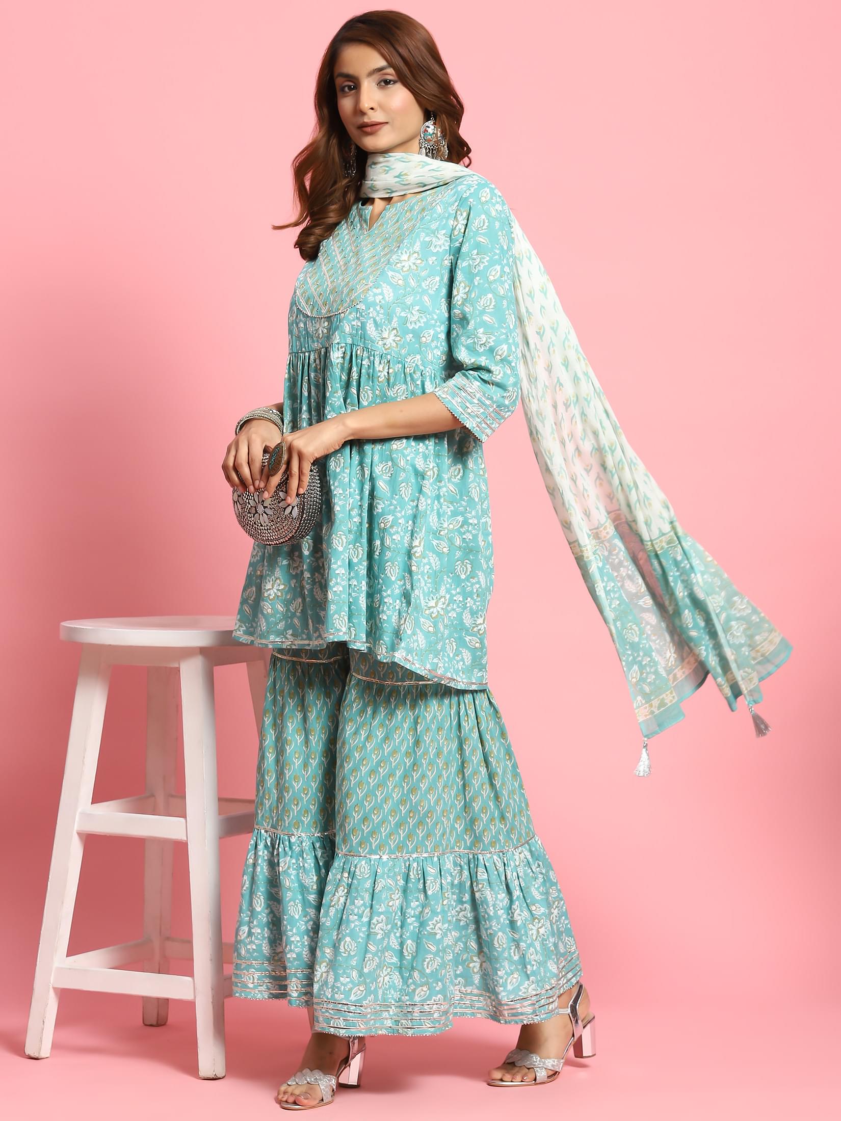 Women Turquoise Blue Floral Printed Kurta Sharara Dupatta.