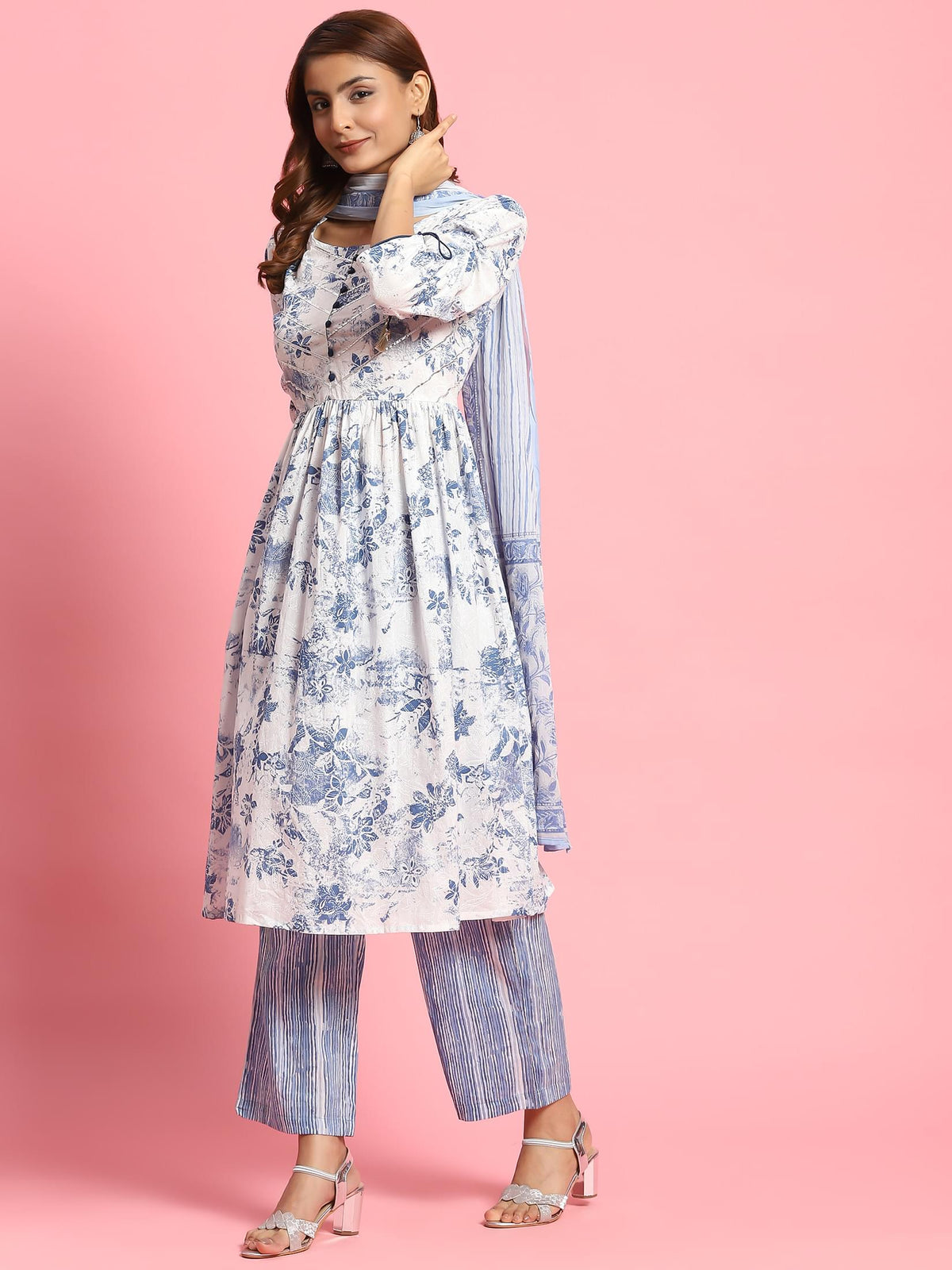 Women White Floral Printed Kurta Comfort Pant Dupatta.