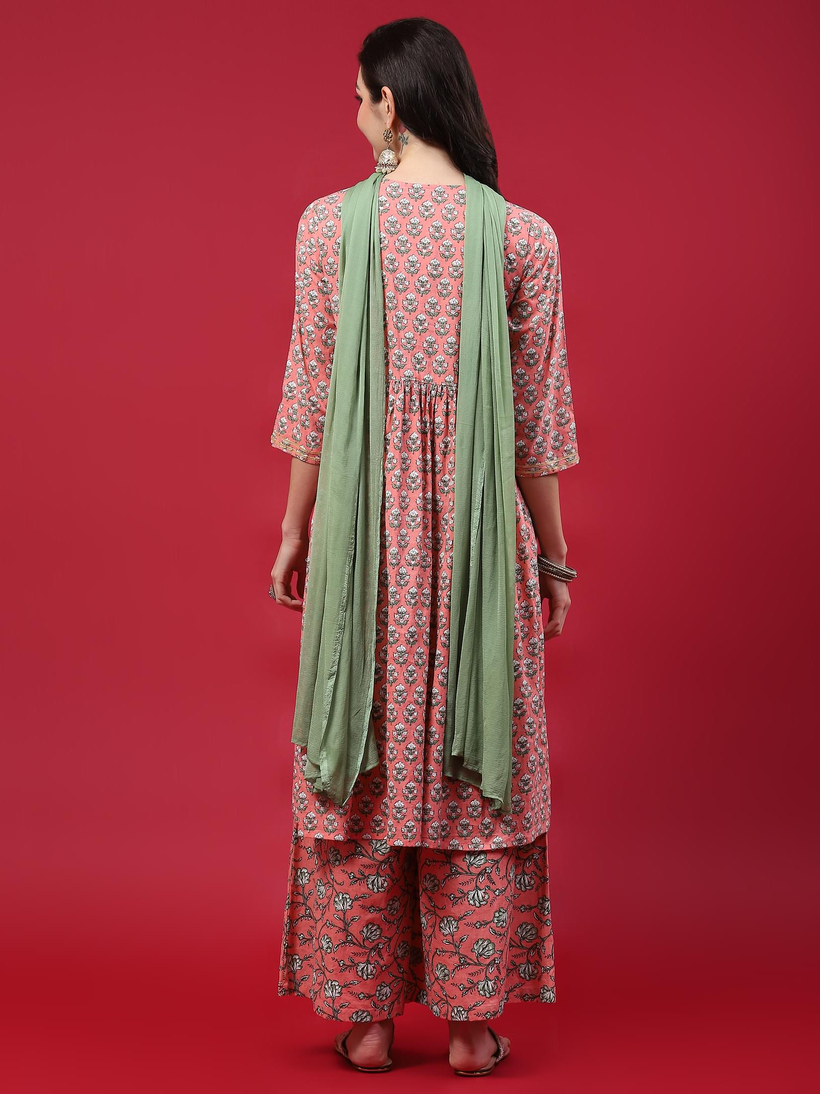 Women Peach Floral Printed Kurta Wide Pant Dupatta.