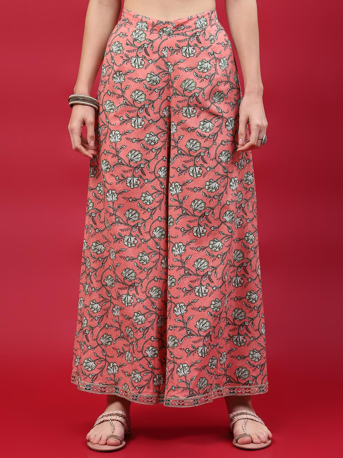Women Peach Floral Printed Kurta Wide Pant Dupatta.