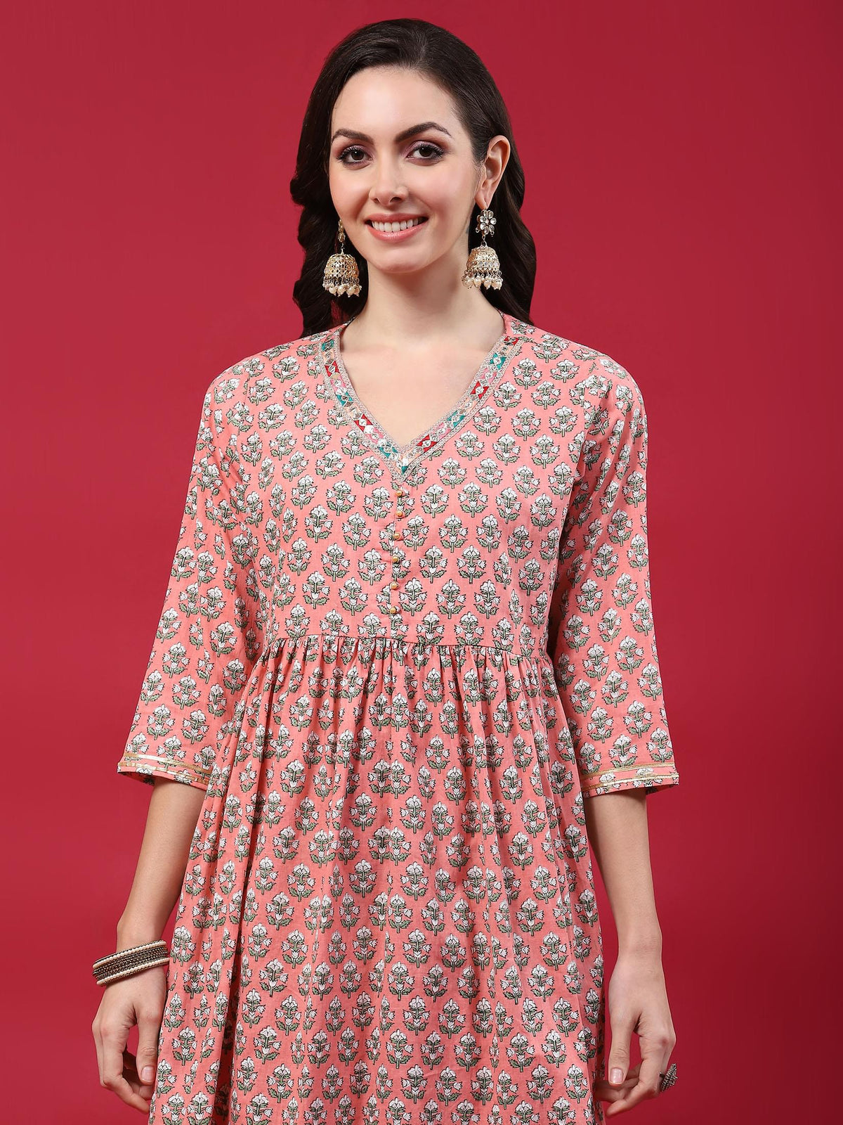 Women Peach Floral Printed Kurta Wide Pant Dupatta.