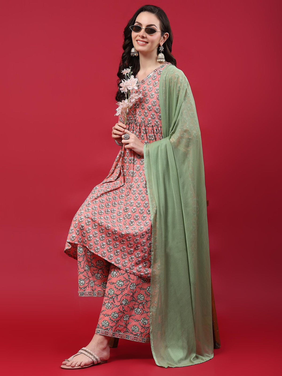 Women Peach Floral Printed Kurta Wide Pant Dupatta.
