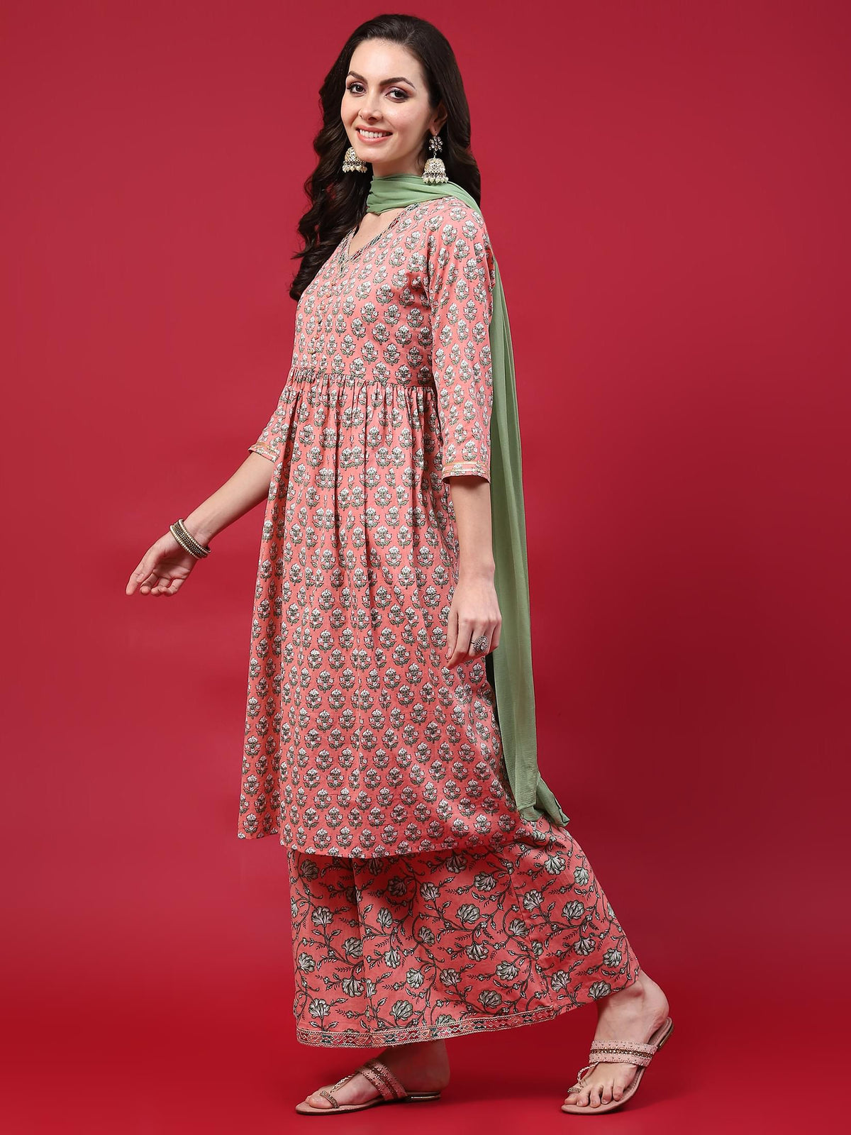 Women Peach Floral Printed Kurta Wide Pant Dupatta.