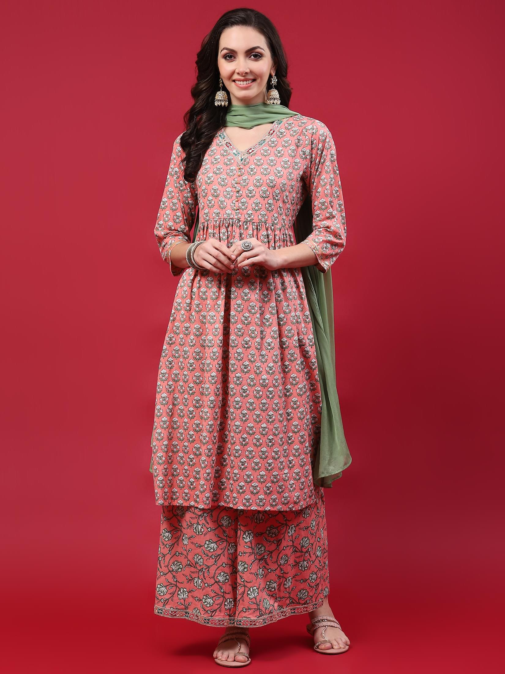 Women Peach Floral Printed Kurta Wide Pant Dupatta.