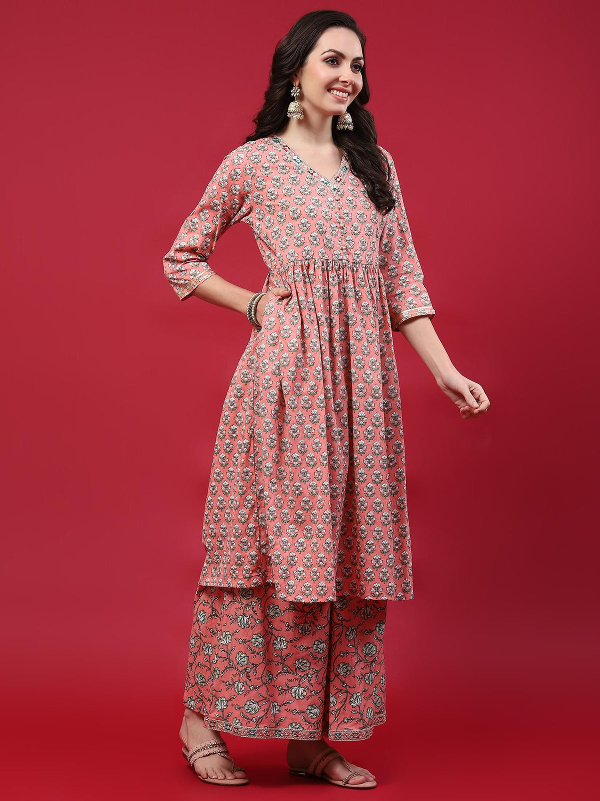 Women Peach Floral Printed Kurta Wide Pant Dupatta.