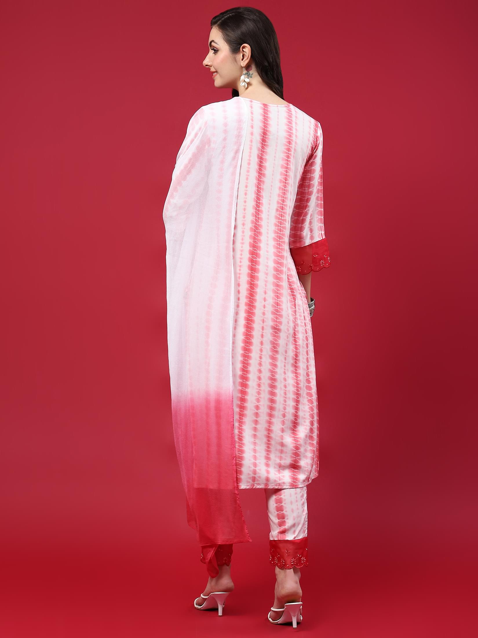 Women Pink Embroidered Kurta Trouser Dupatta.