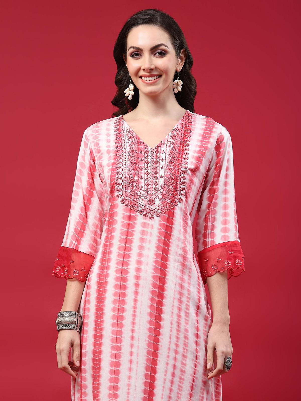 Women Pink Embroidered Kurta Trouser Dupatta.
