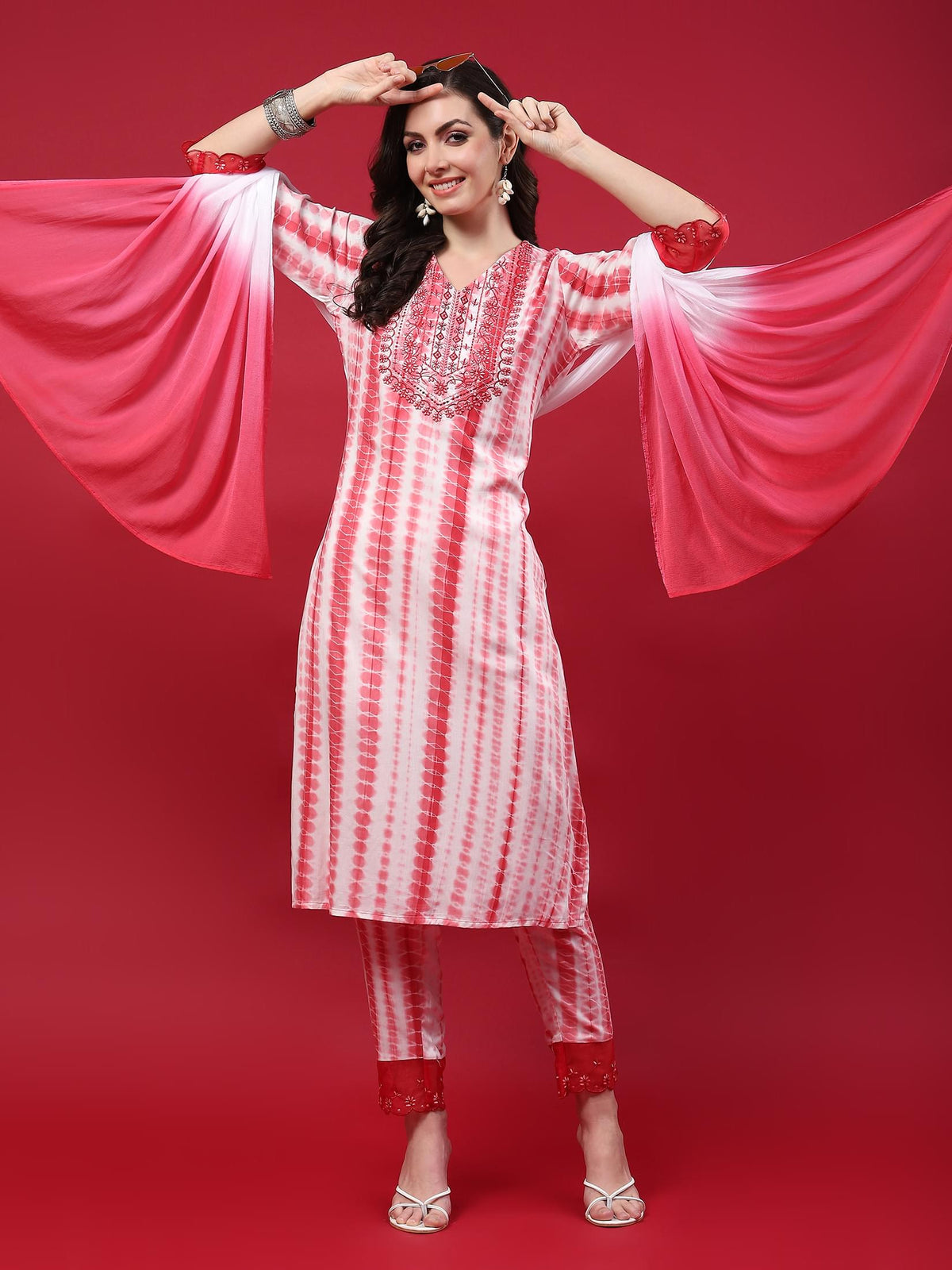 Women Pink Embroidered Kurta Trouser Dupatta.