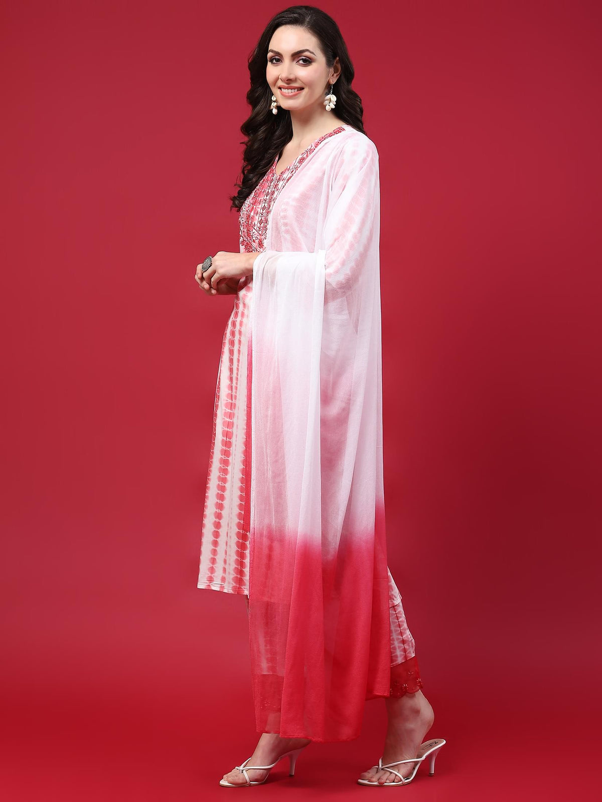 Women Pink Embroidered Kurta Trouser Dupatta.
