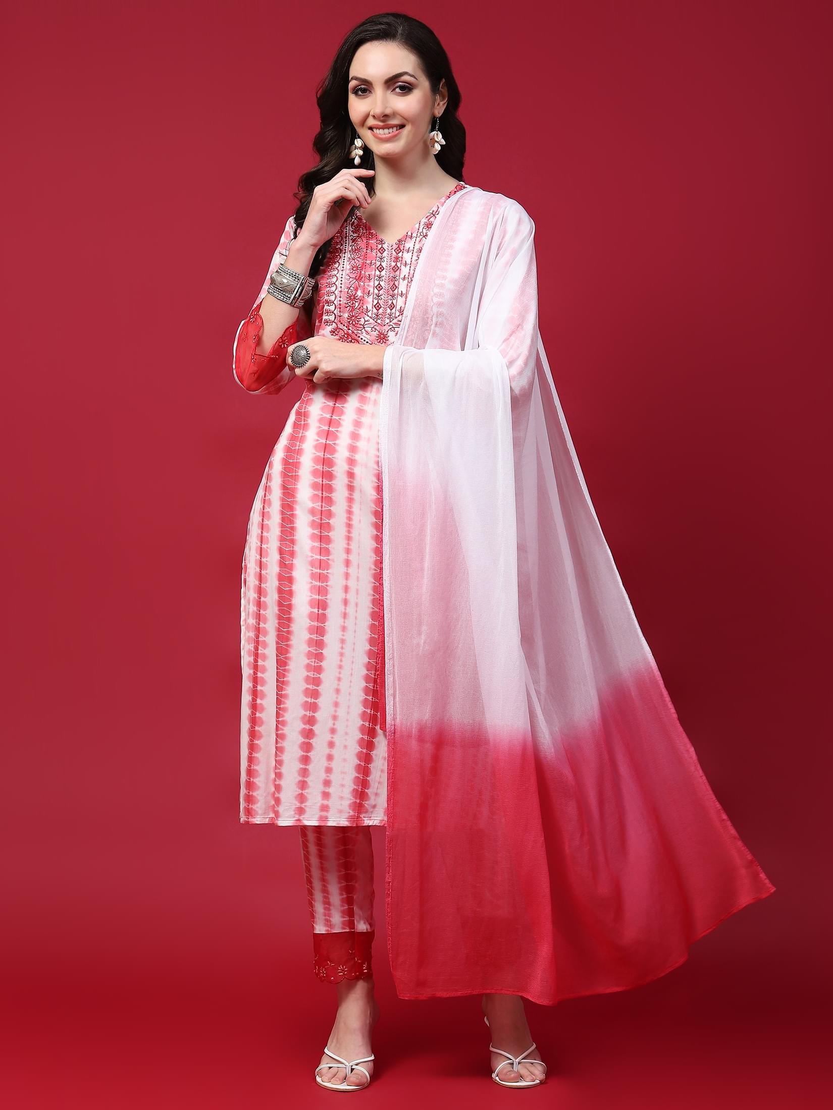 Women Pink Embroidered Kurta Trouser Dupatta.