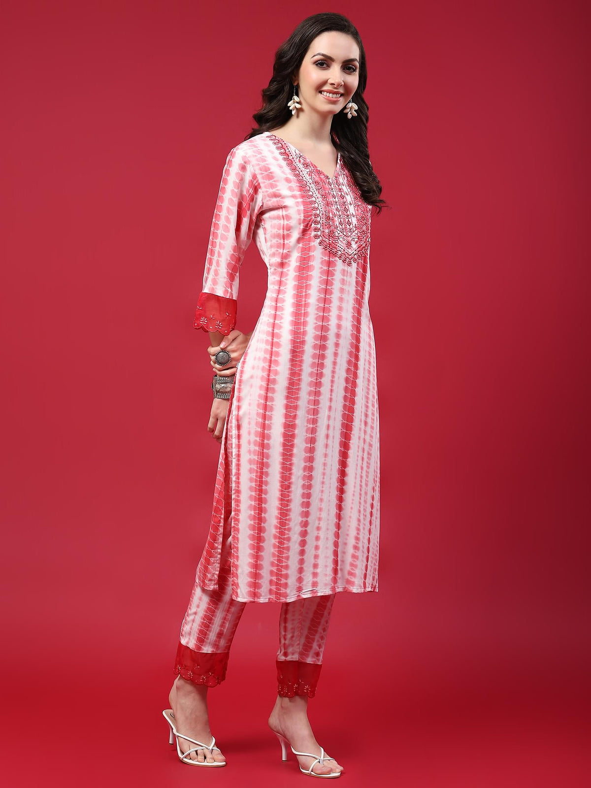 Women Pink Embroidered Kurta Trouser Dupatta.