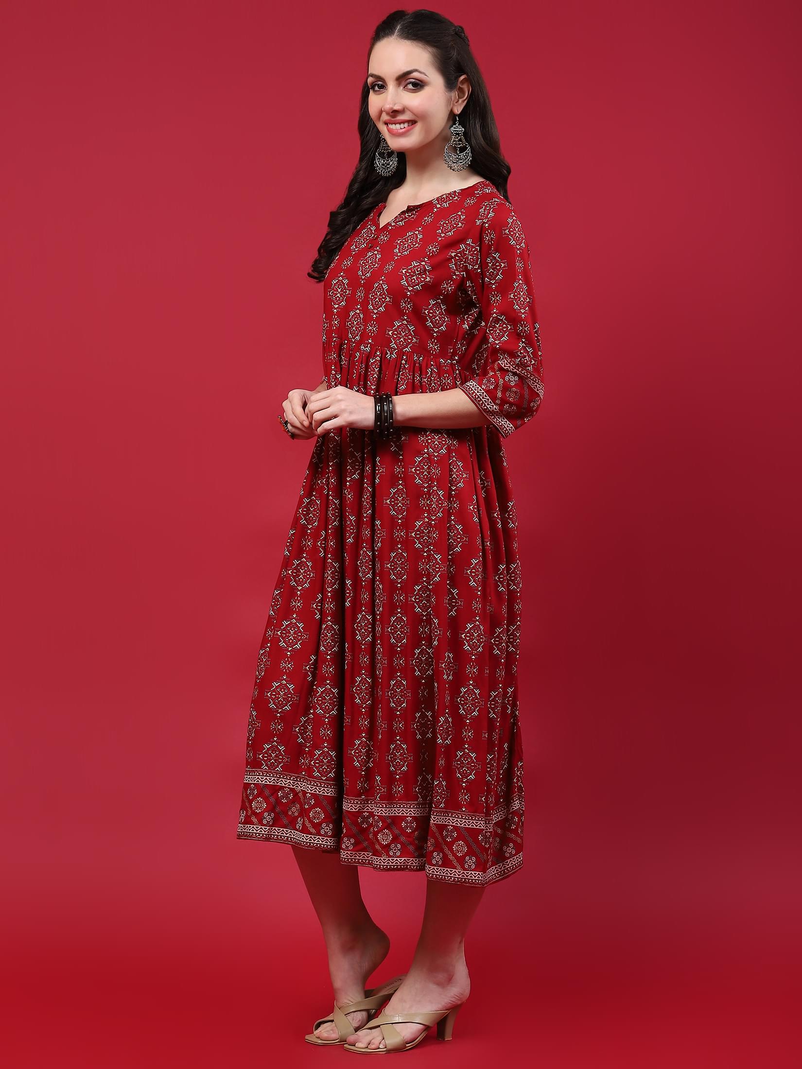 Women Maroon Aztec Printed Dress.