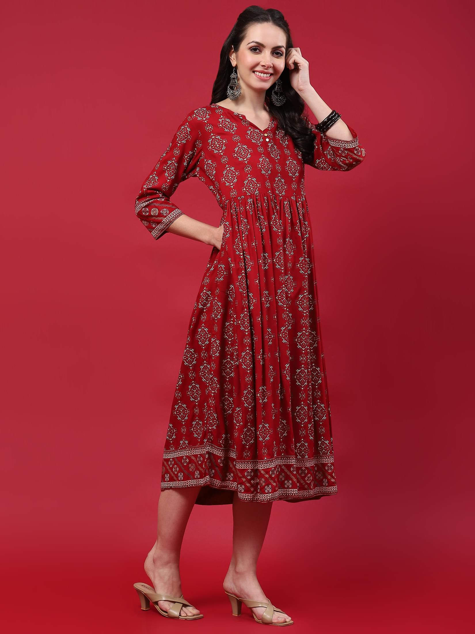 Women Maroon Aztec Printed Dress.