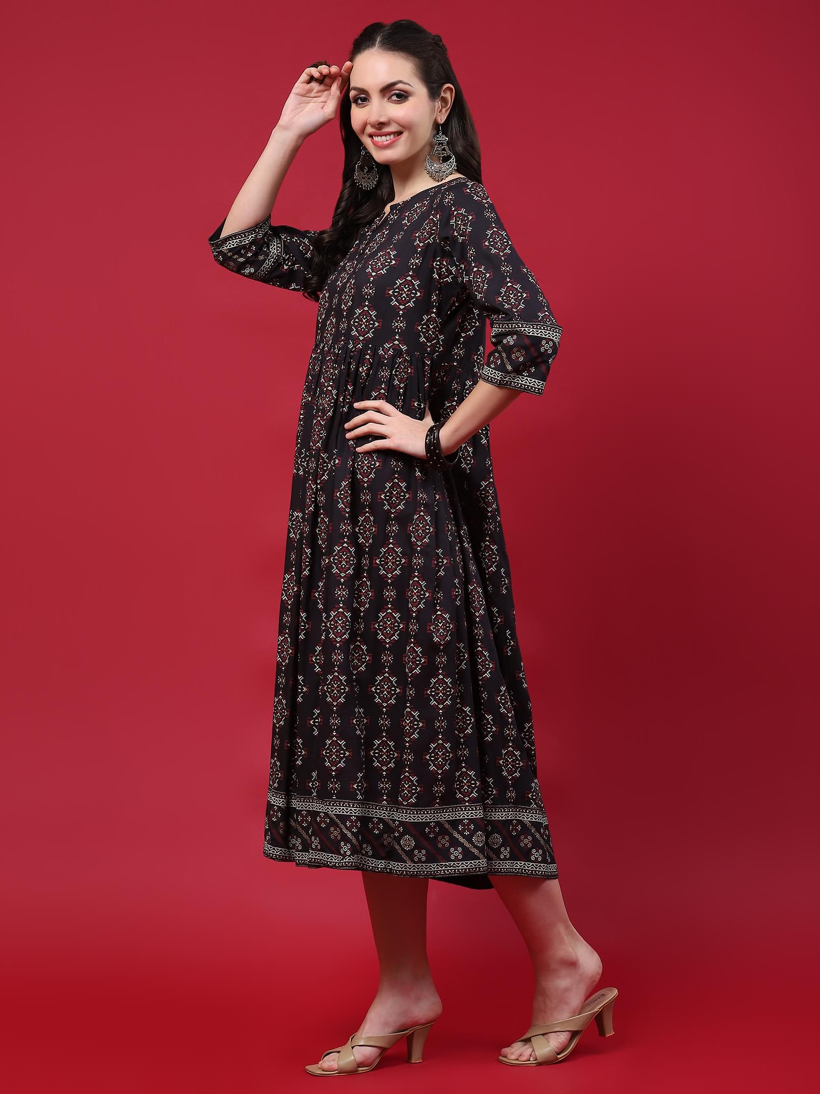 Women Navy Blue Aztec Printed Dress.