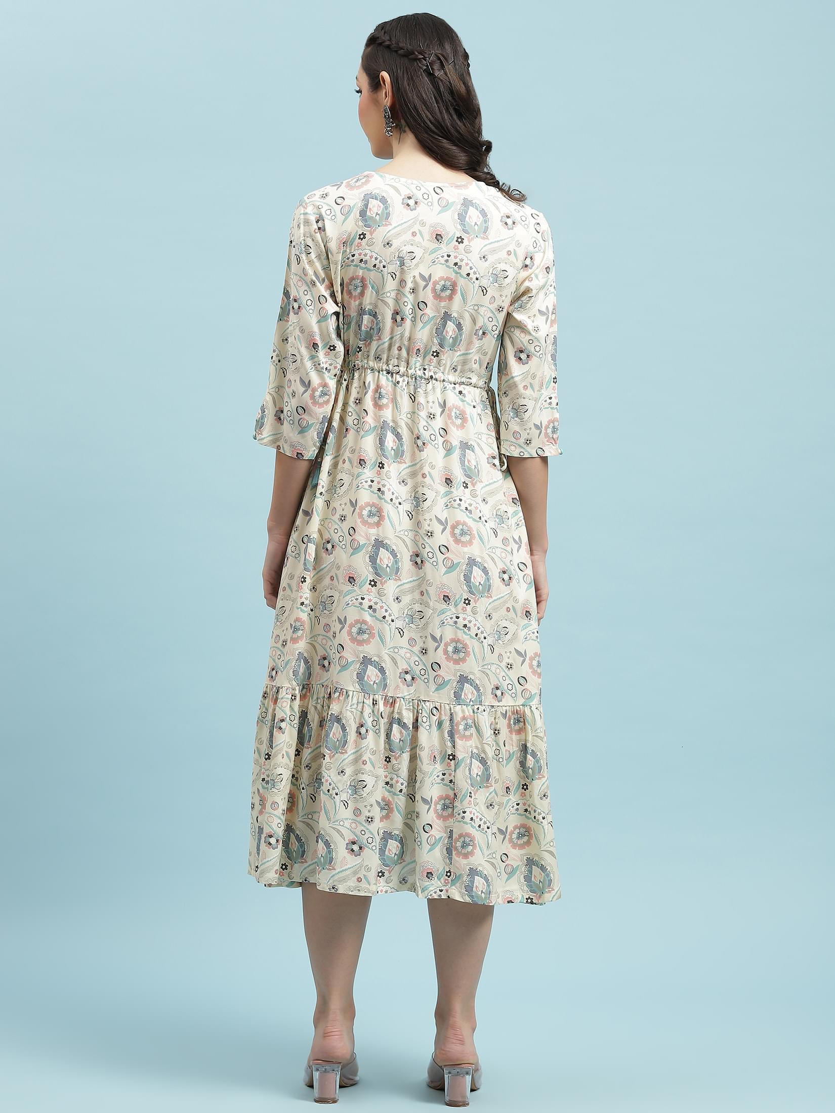 Women Off White Floral Printed Dress.