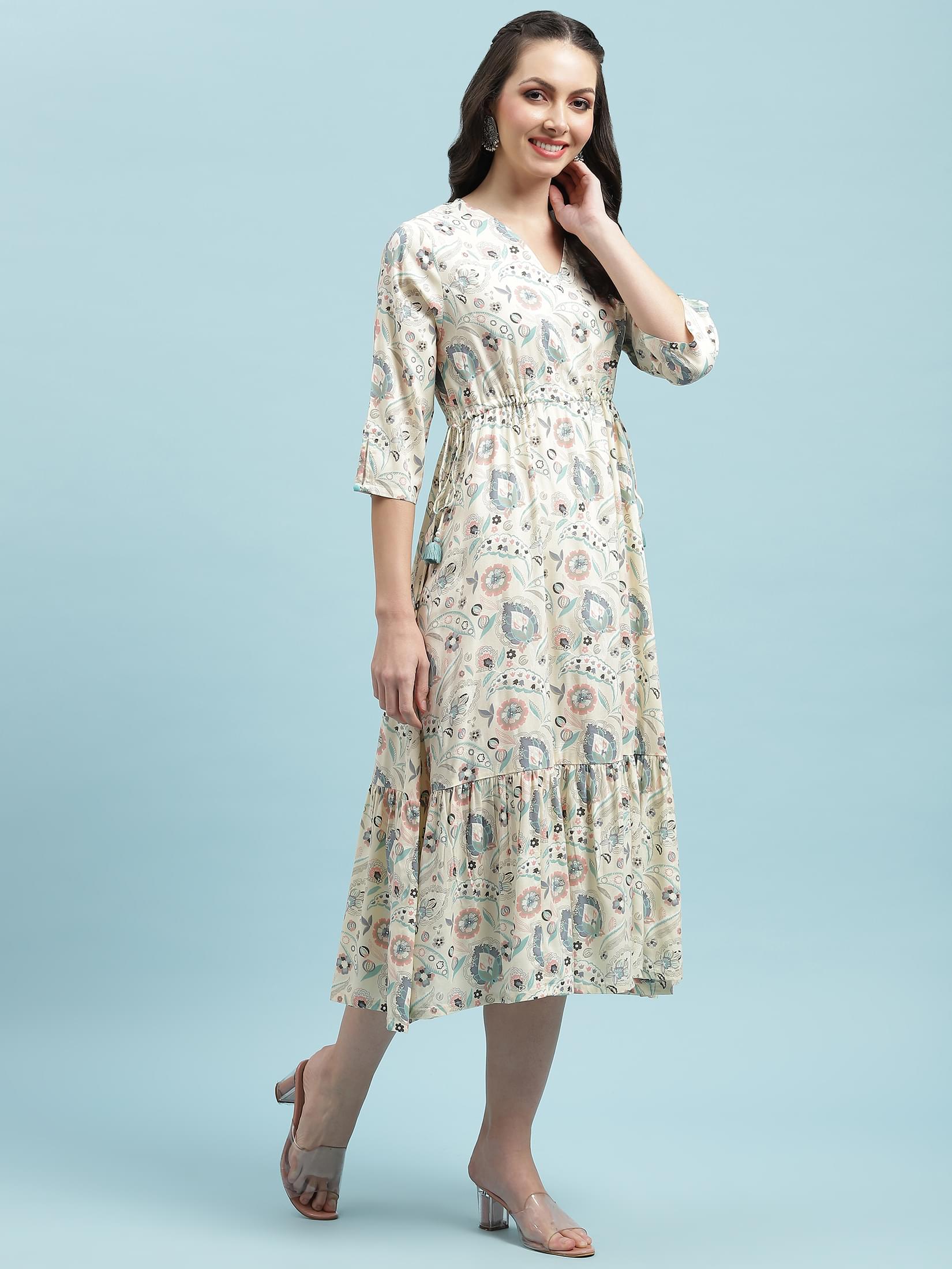 Women Off White Floral Printed Dress.