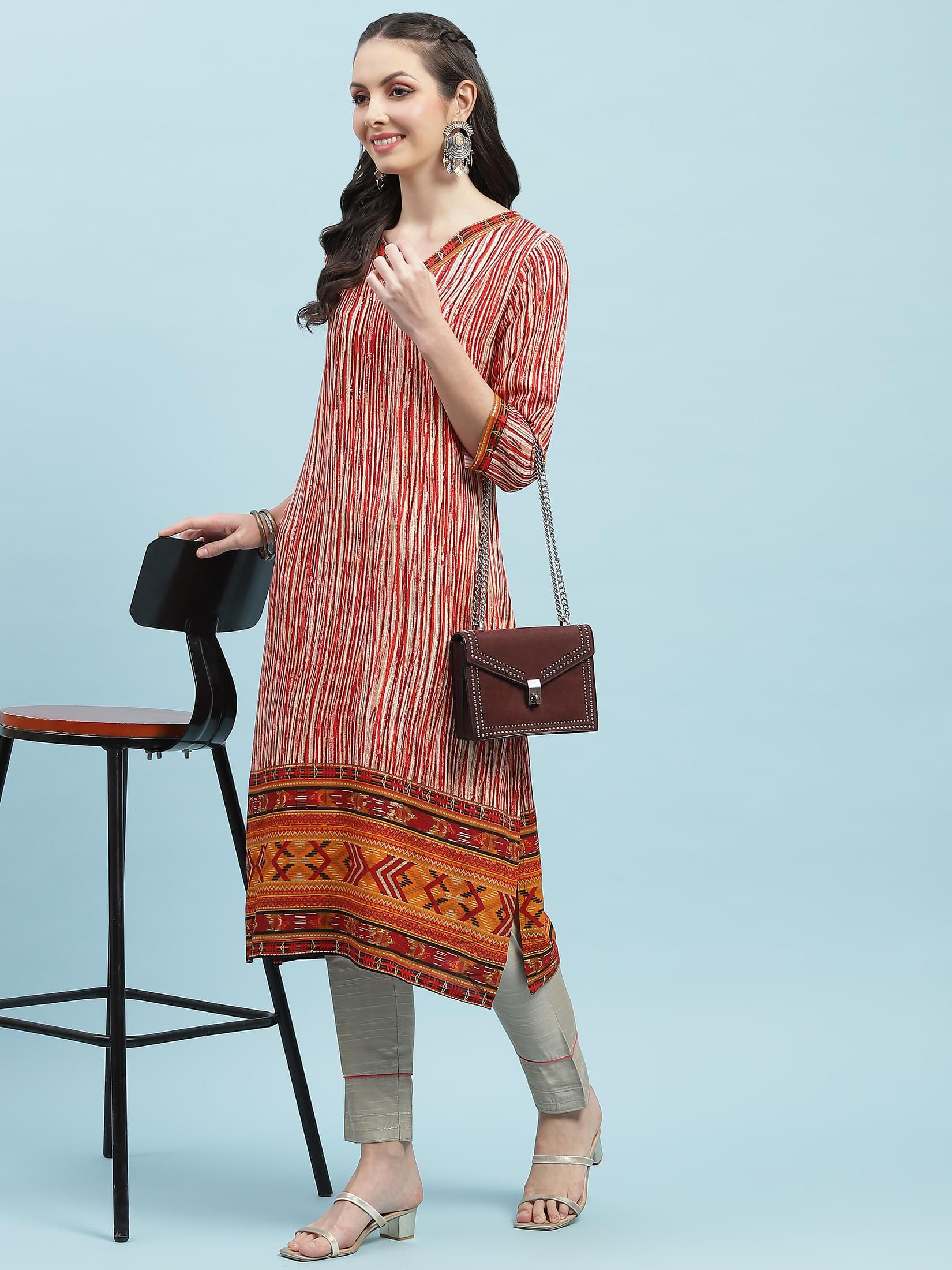 Indiessence (Buy 2 @ 499) Red Stripe Printed Kurta.