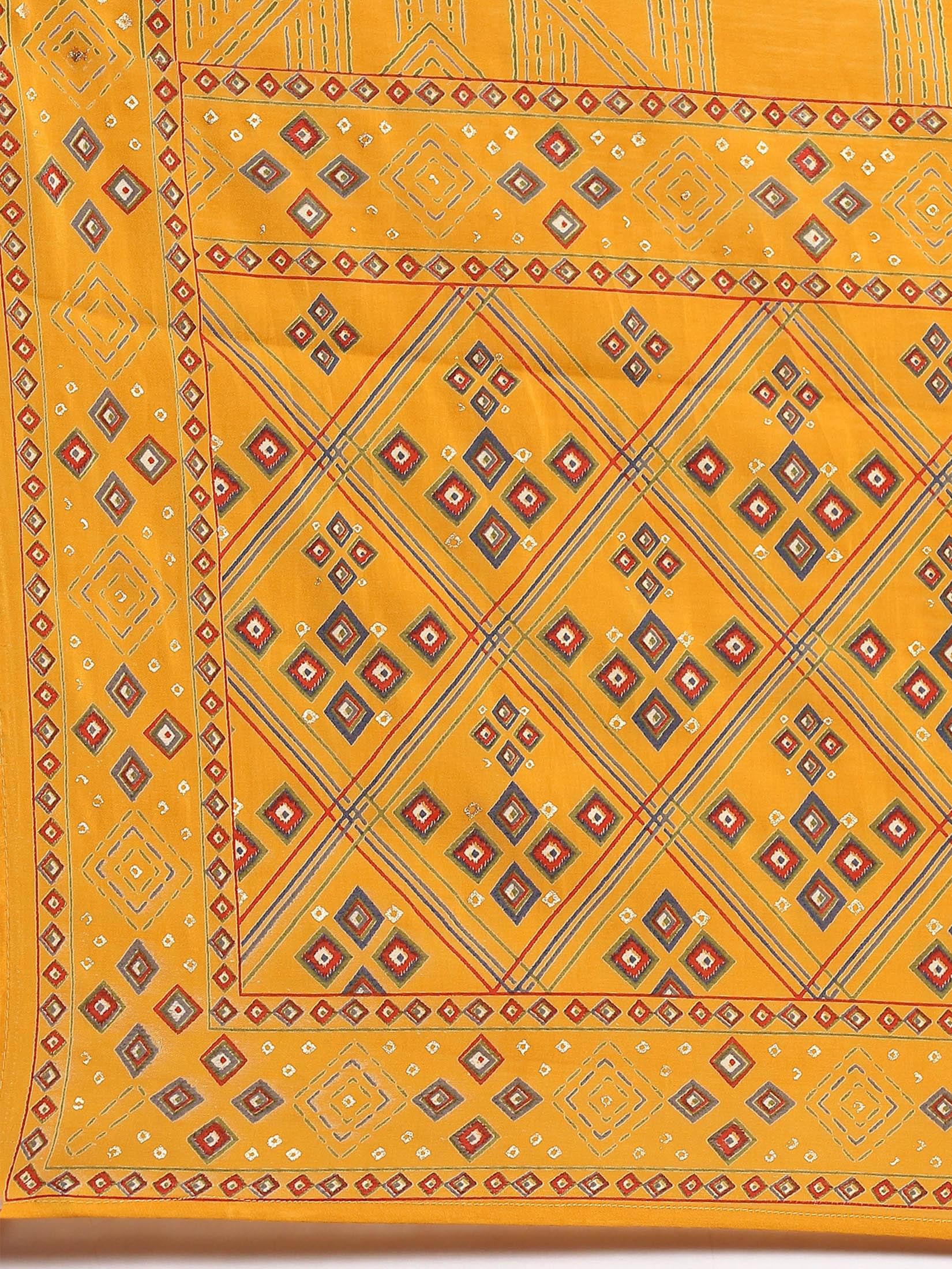 Women Mustard Geometric Print Kurta Comfort Pant Dupatta.