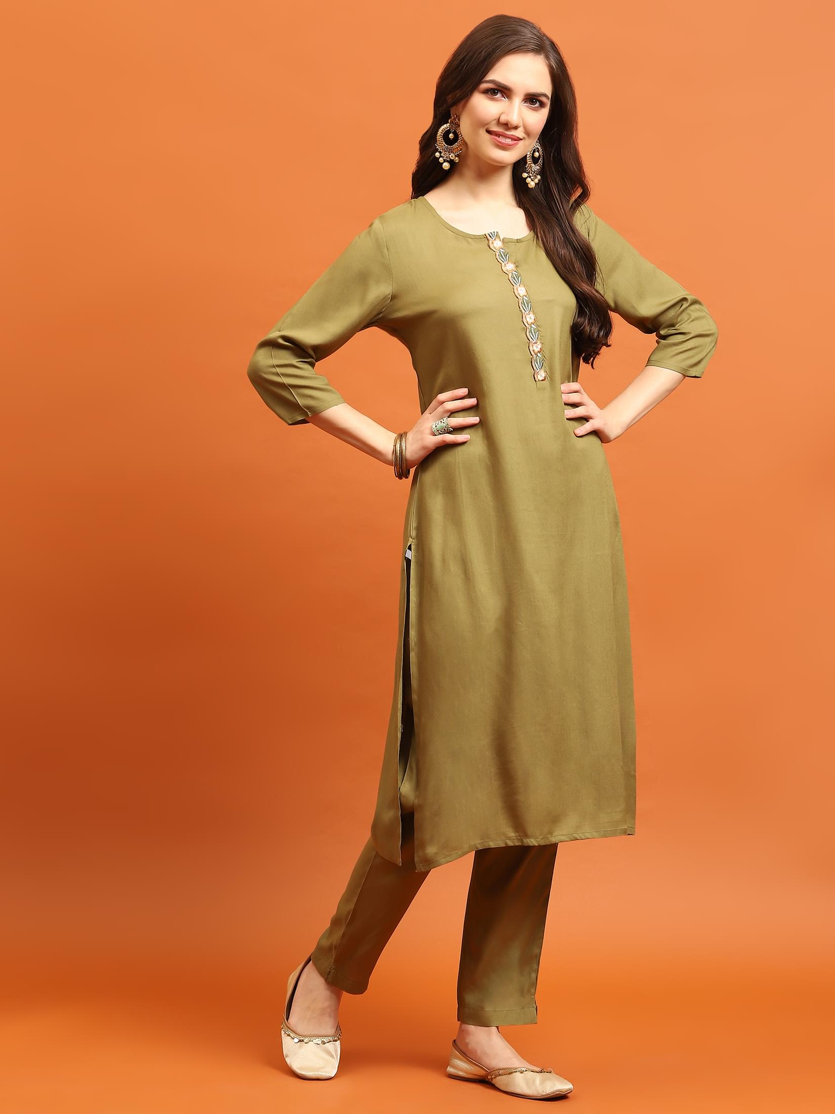 Women Olive Round Neck Kurta Trouser Dupatta.