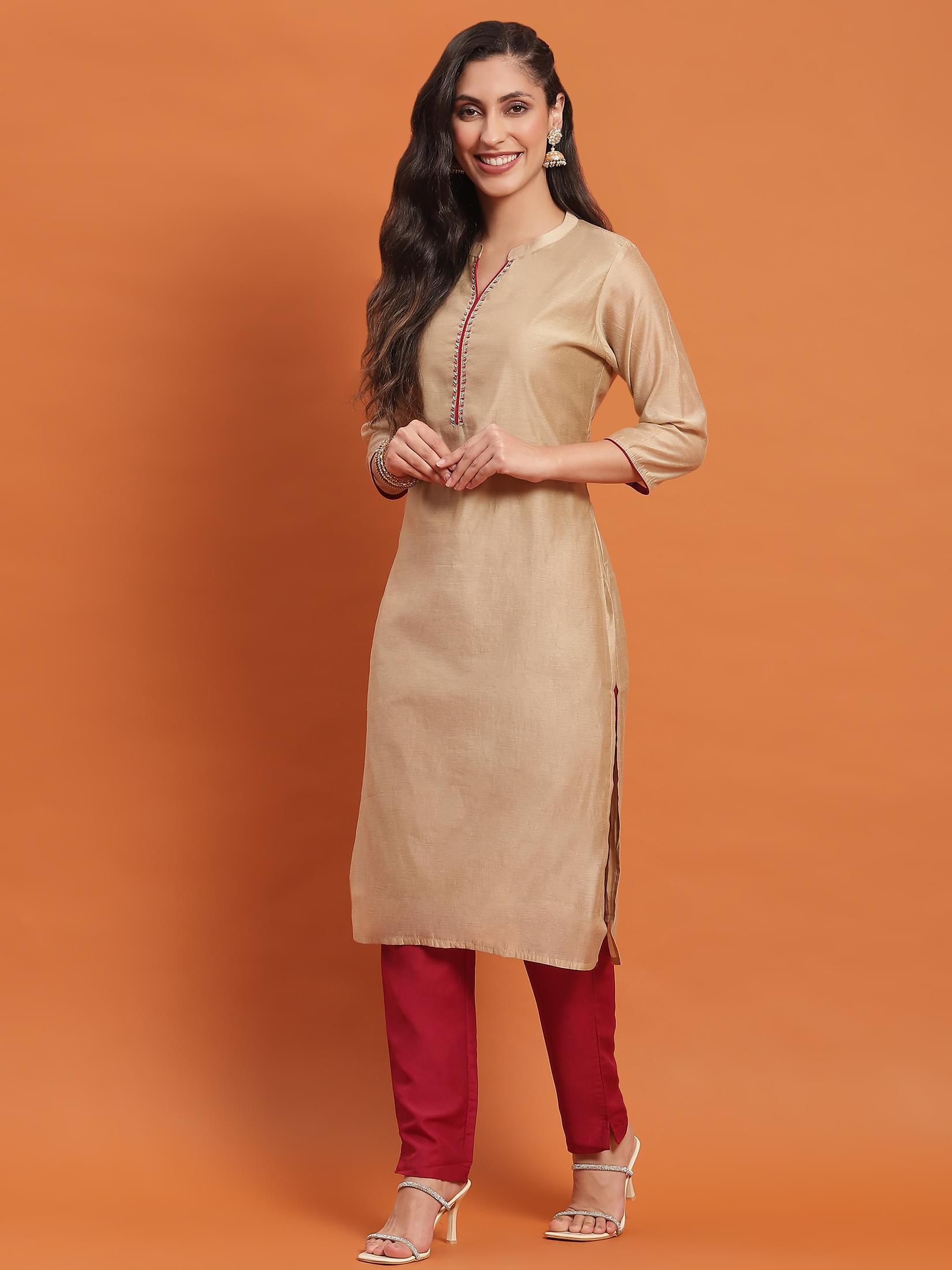 Women Beige Solid Kurta With Trouser.