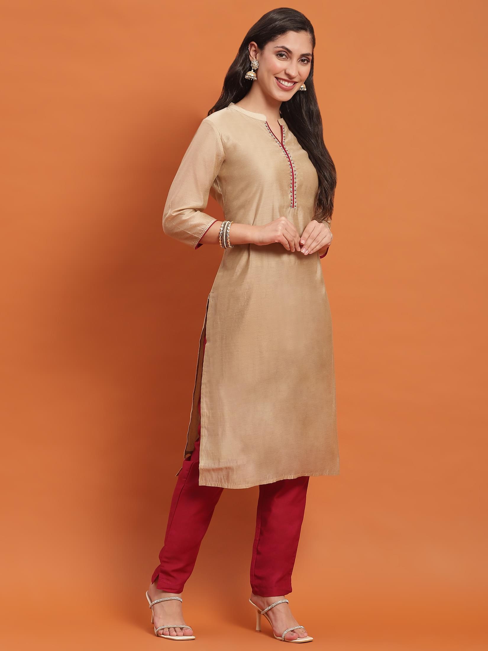 Women Beige Solid Kurta With Trouser.