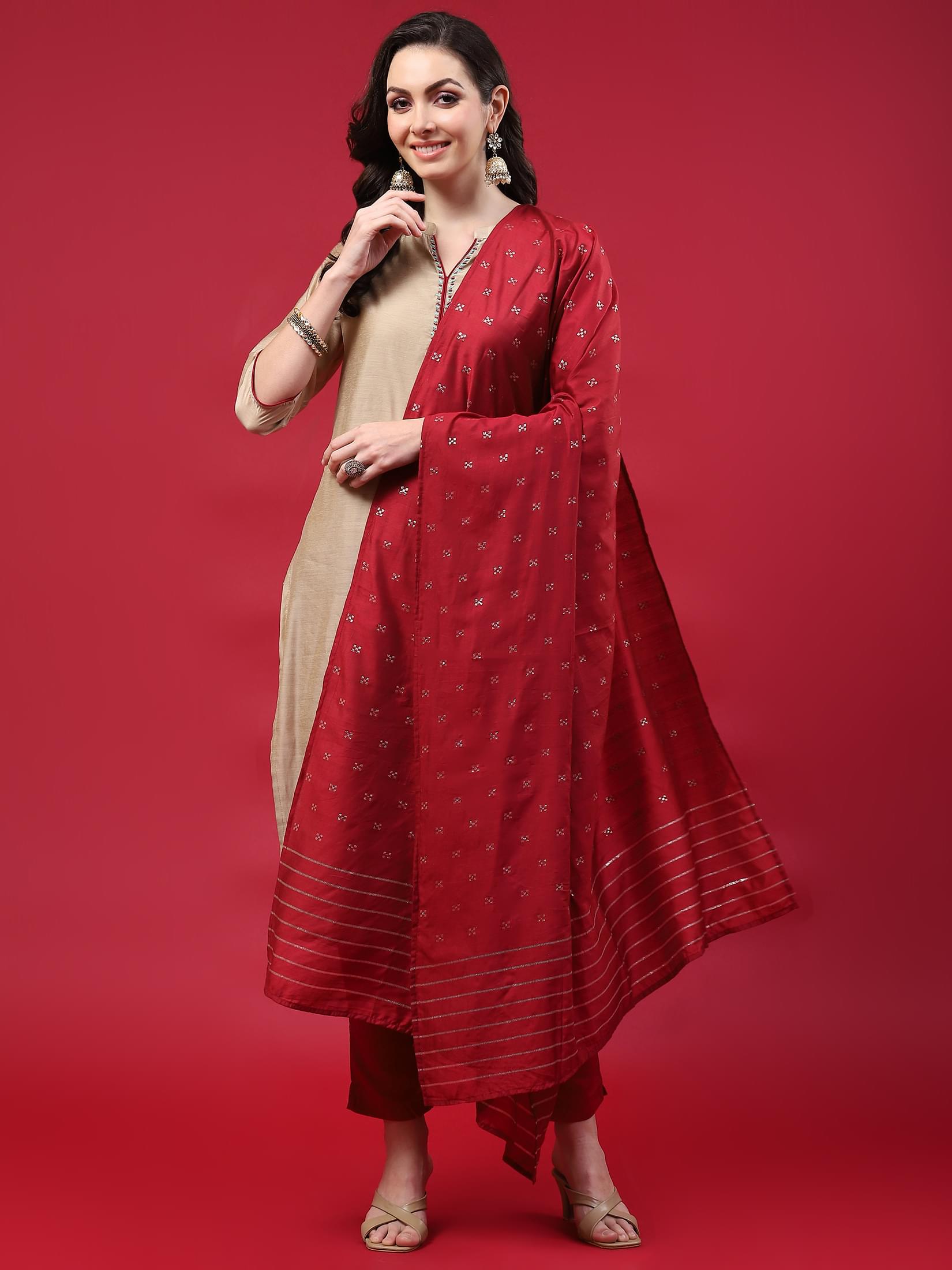 Women Beige Solid Kurta Trouser Dupatta.