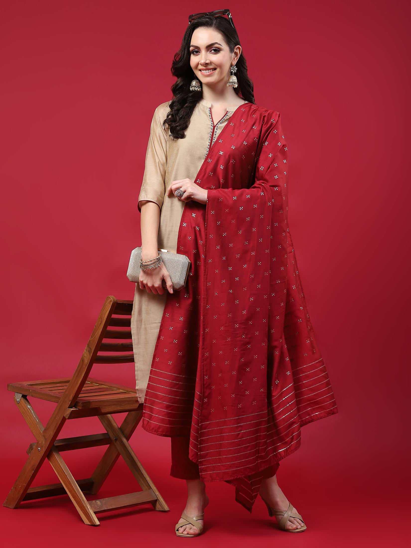 Women Beige Solid Kurta Trouser Dupatta.