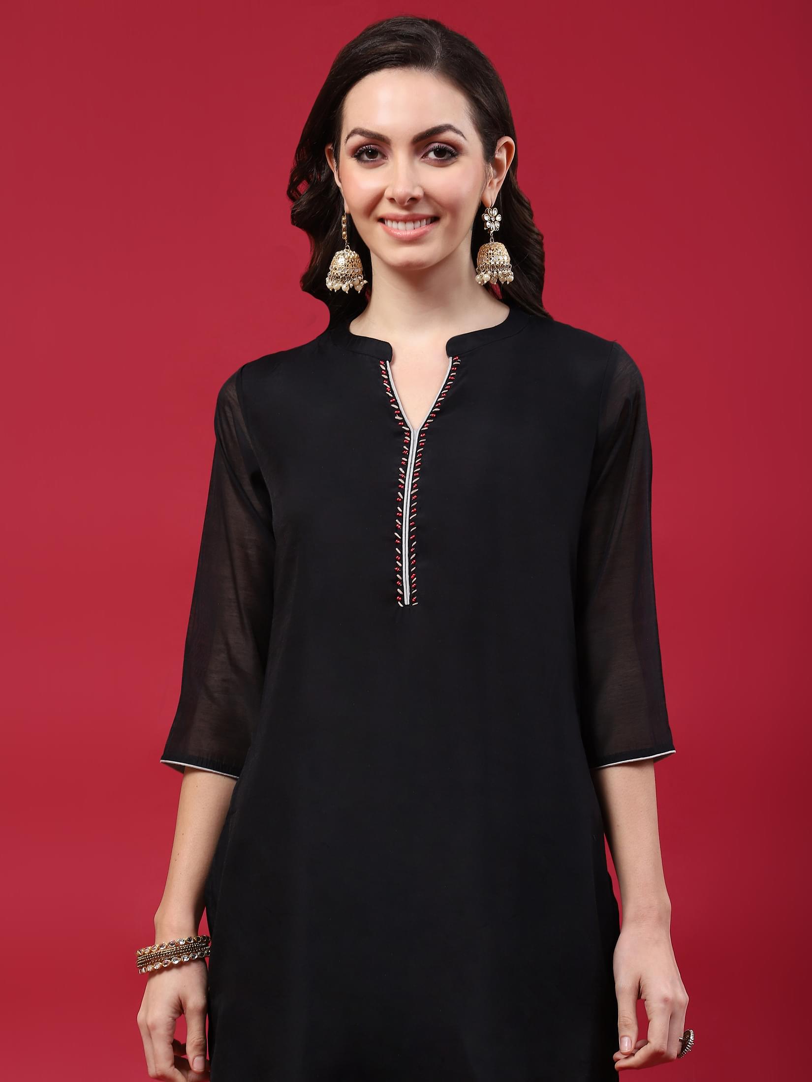 Women Black Solid Kurta Trouser Dupatta.