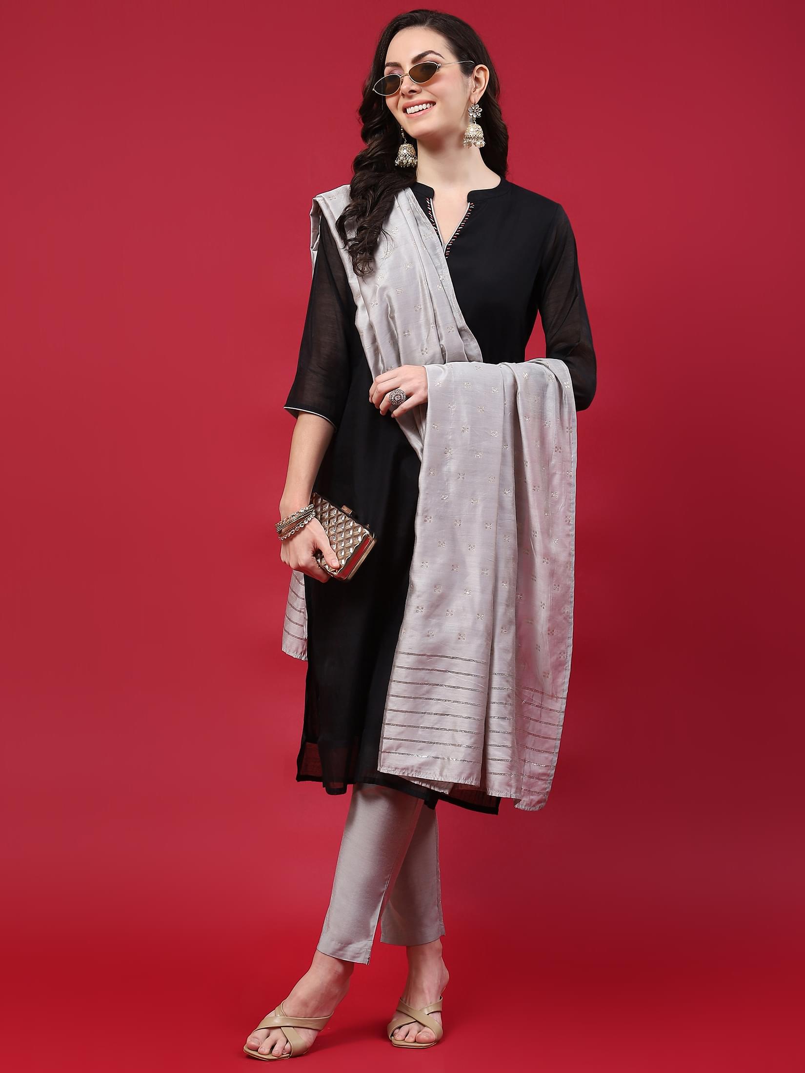 Women Black Solid Kurta Trouser Dupatta.