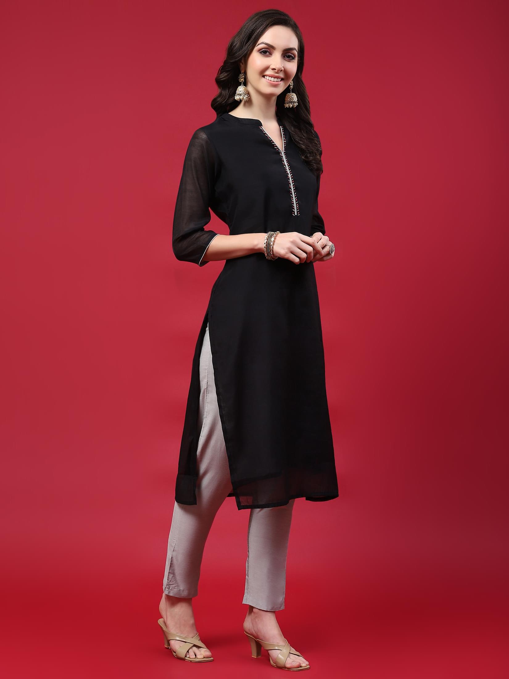 Women Black Solid Kurta Trouser Dupatta.