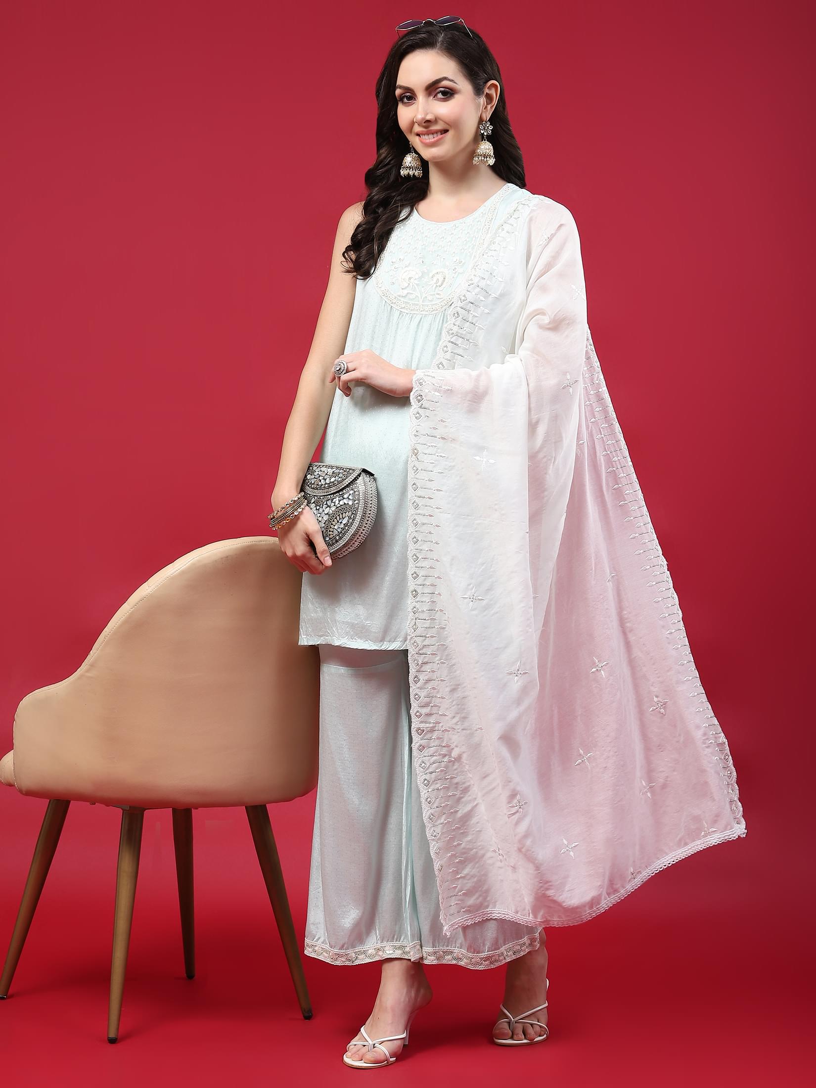 Women Blue Texture Printed Kurta Comfort Pant Dupatta.