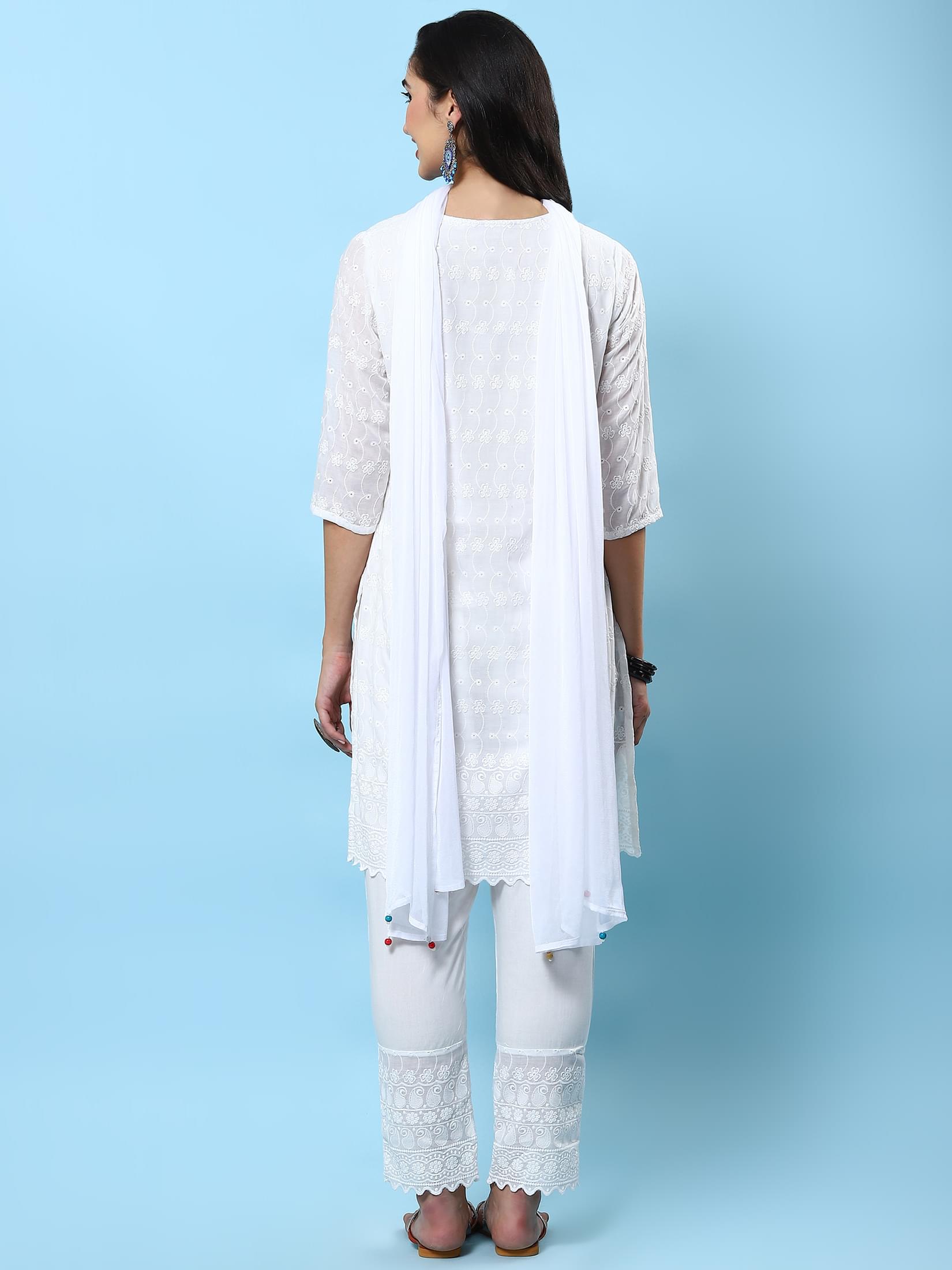 Women White Embroidered Kurta Trouser Dupatta.