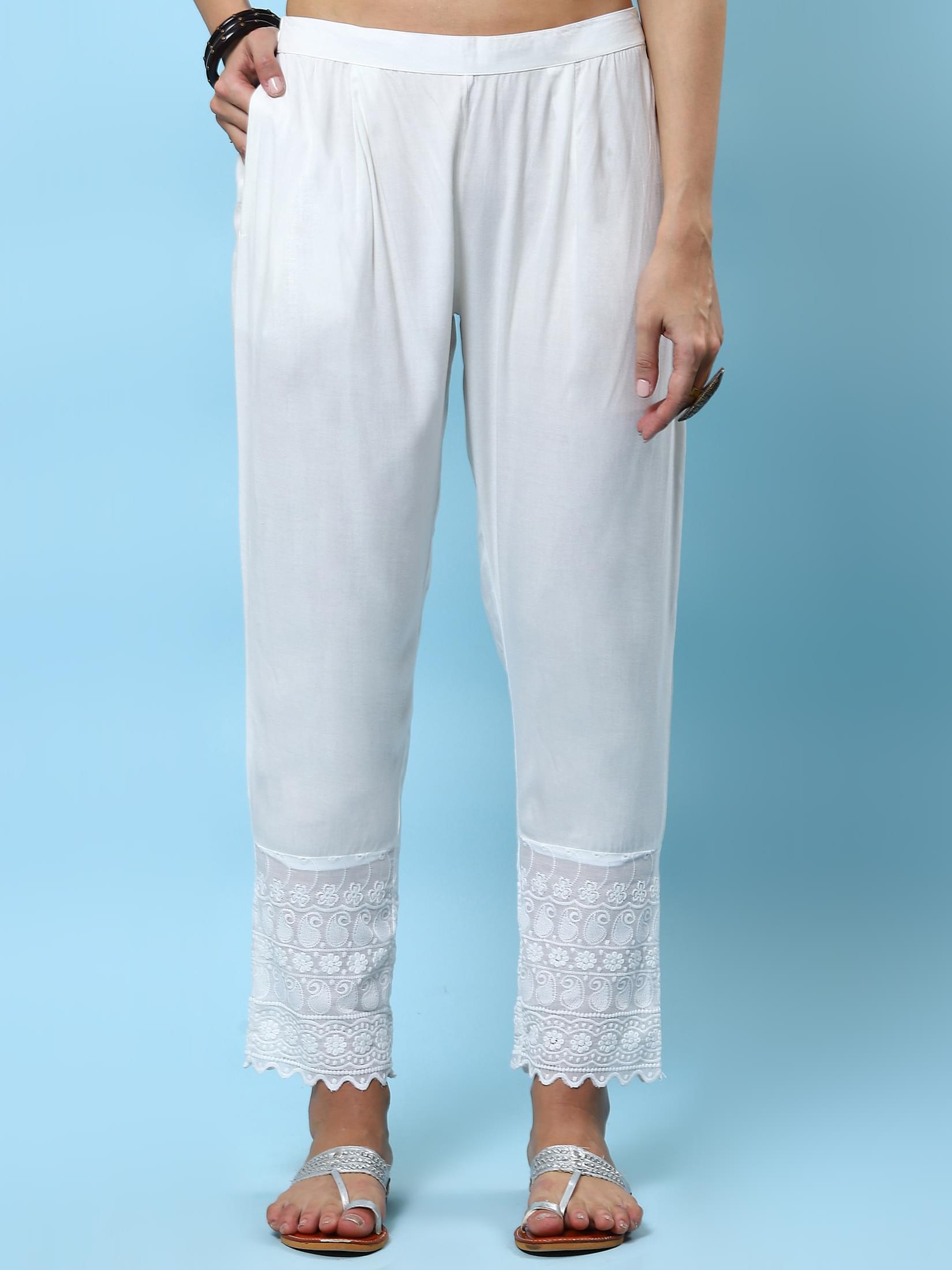 Women White Embroidered Kurta Trouser Dupatta.
