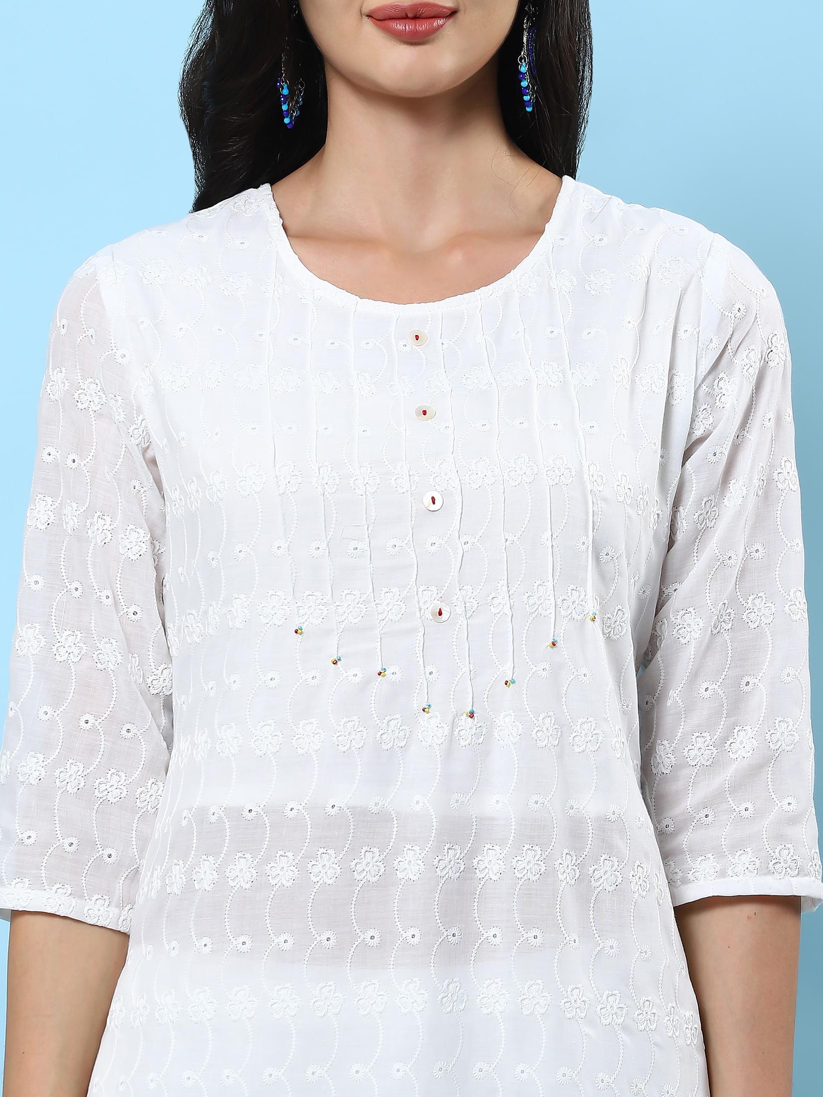 Women White Embroidered Kurta Trouser Dupatta.