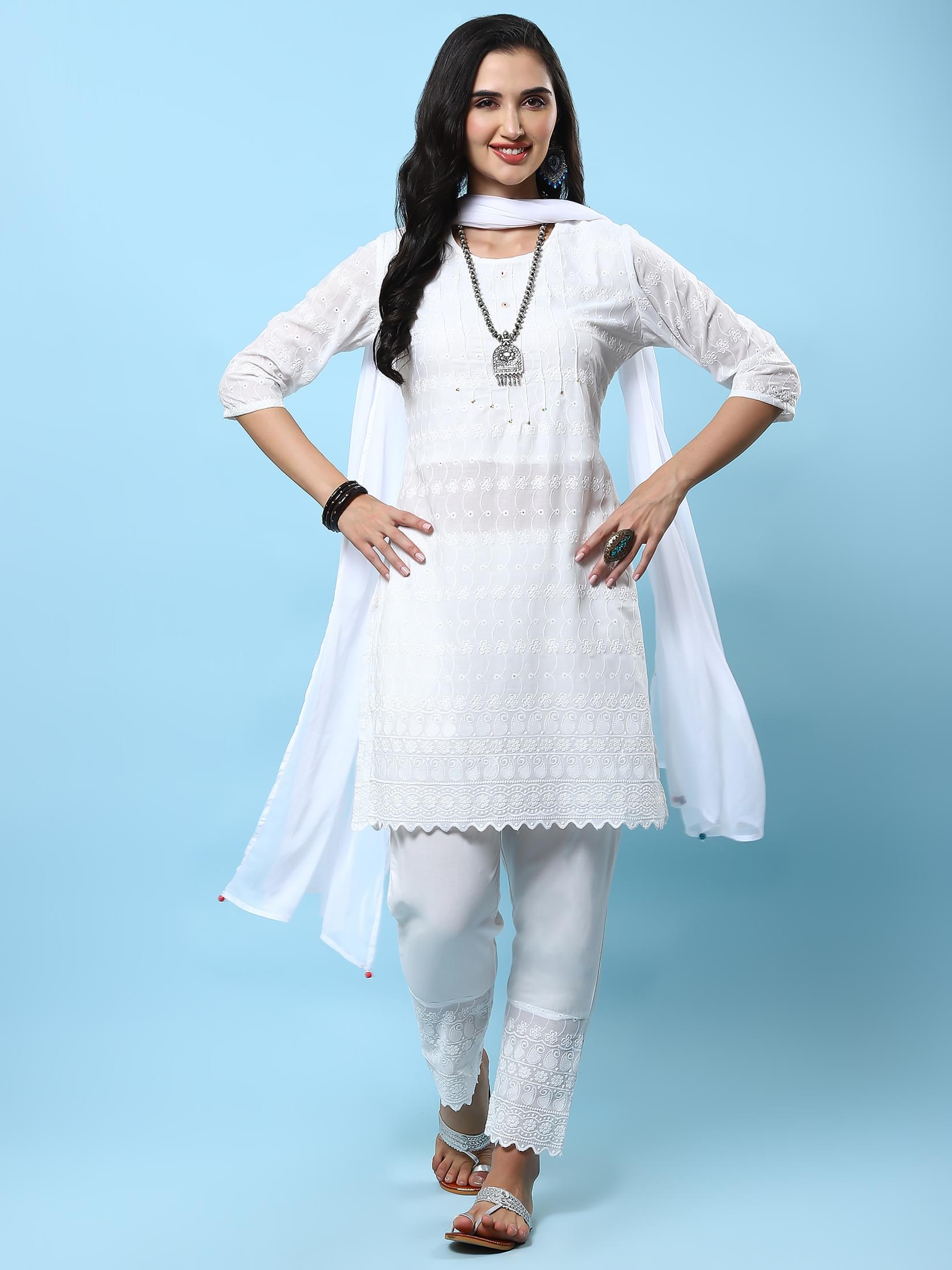 Women White Embroidered Kurta Trouser Dupatta.