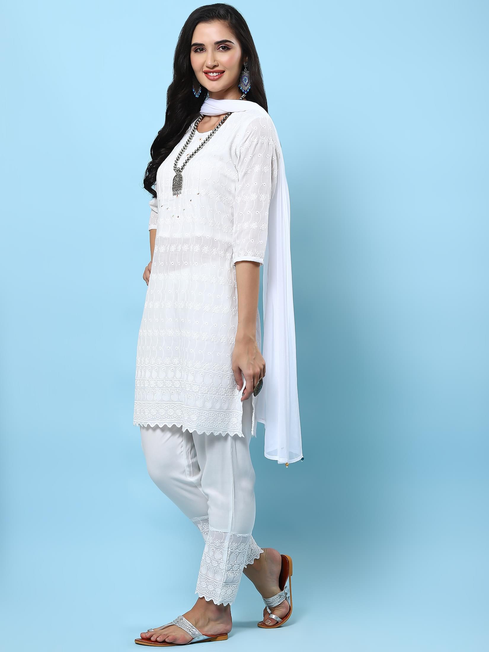 Women White Embroidered Kurta Trouser Dupatta.
