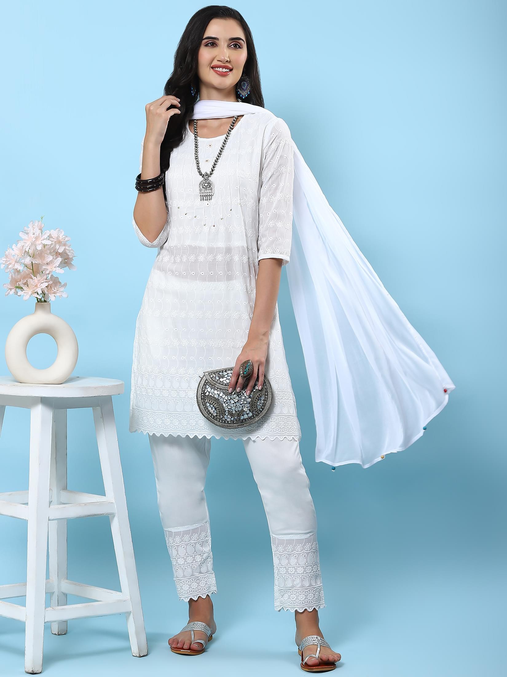 Women White Embroidered Kurta Trouser Dupatta.