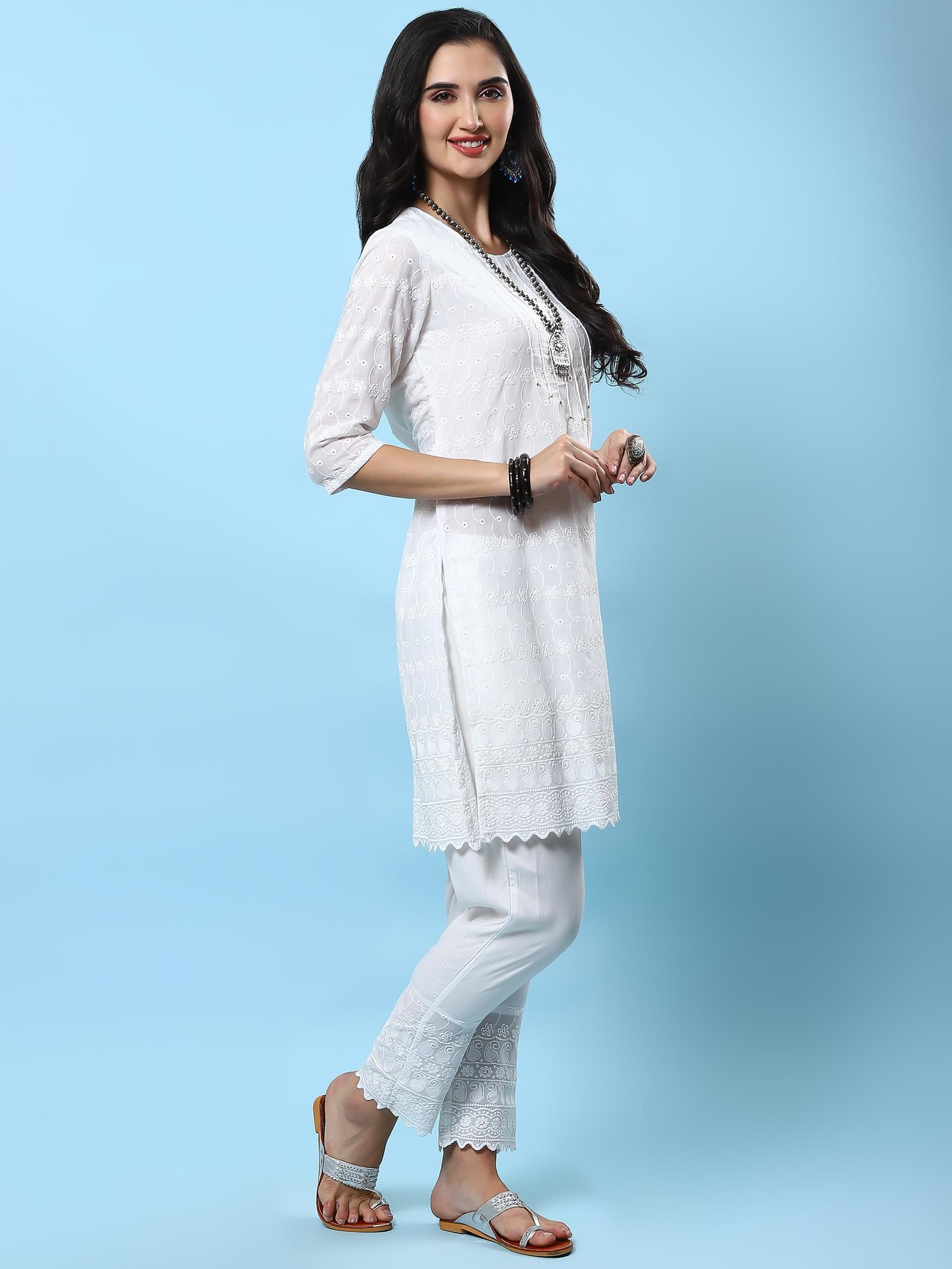 Women White Embroidered Kurta Trouser Dupatta.