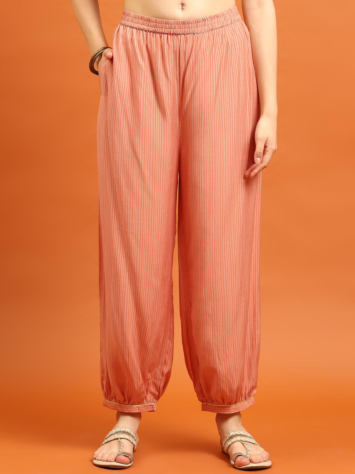 Indiessence Women Peach Abstract Printed Kurta Harem Pant Dupatta.