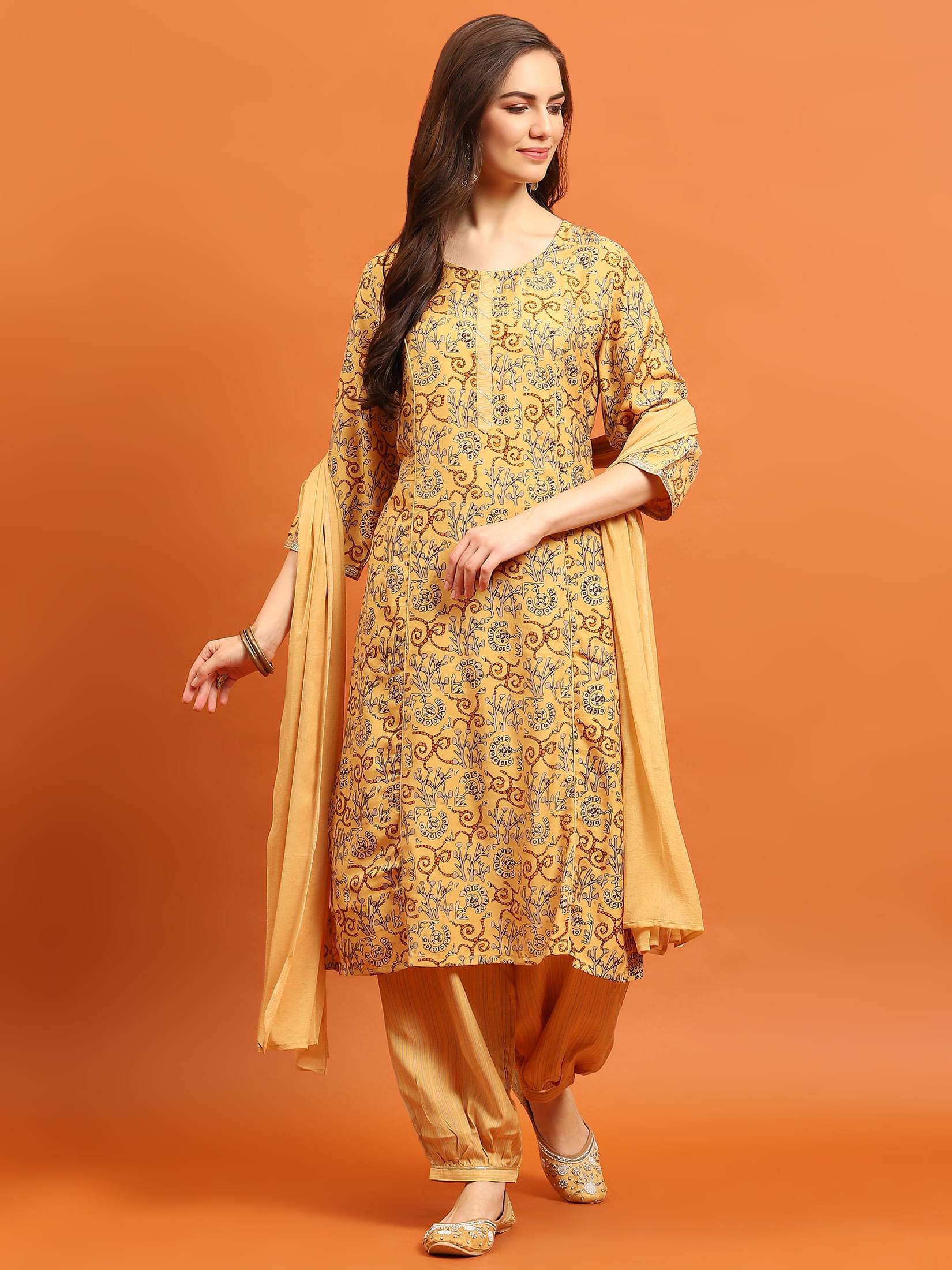 Indiessence Women Yellow Abstract Printed Kurta Harem Pant Dupatta.