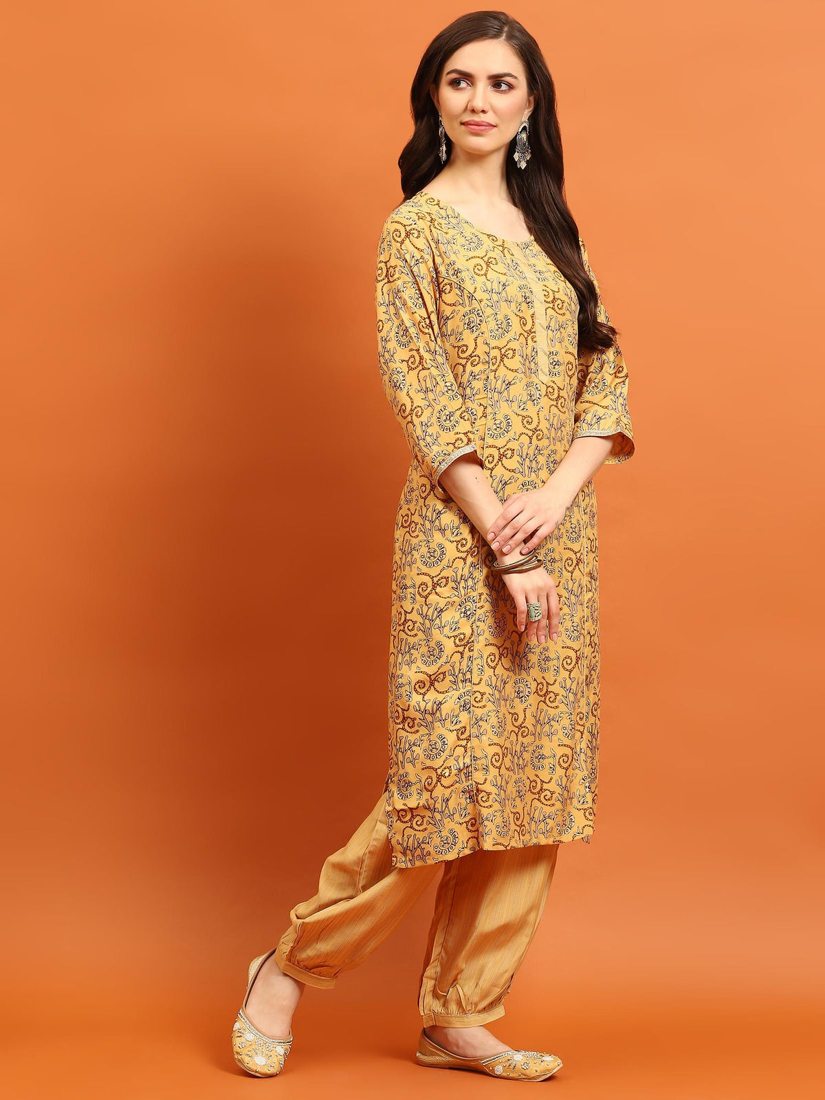 Indiessence Women Yellow Abstract Printed Kurta Harem Pant Dupatta.