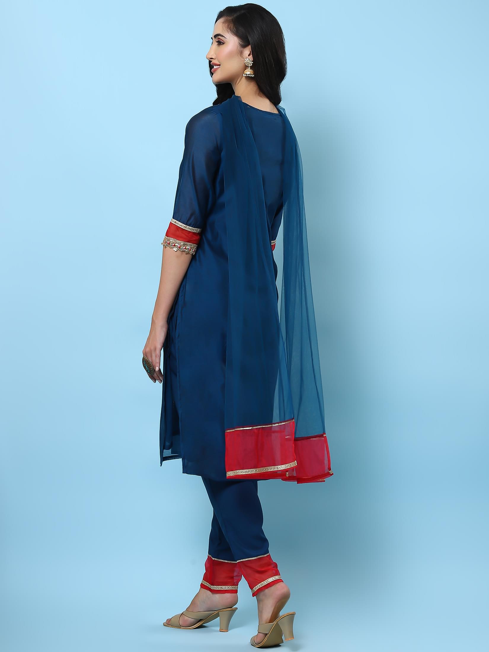 Women Teal Solid Kurta Comfort Pant Dupatta.