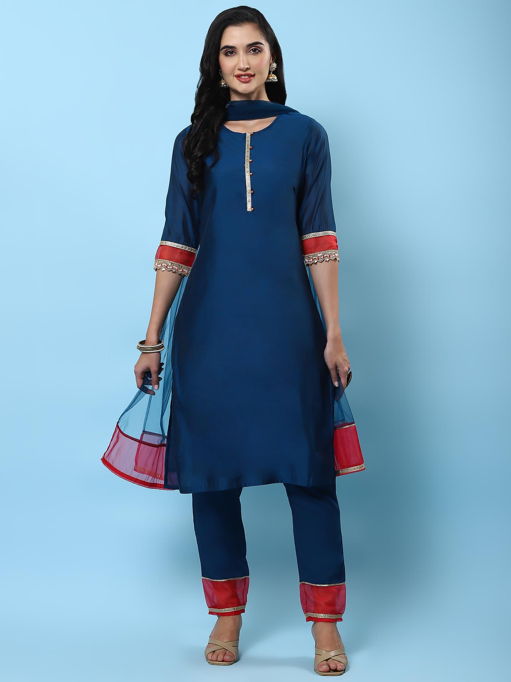 Women Teal Solid Kurta Comfort Pant Dupatta.