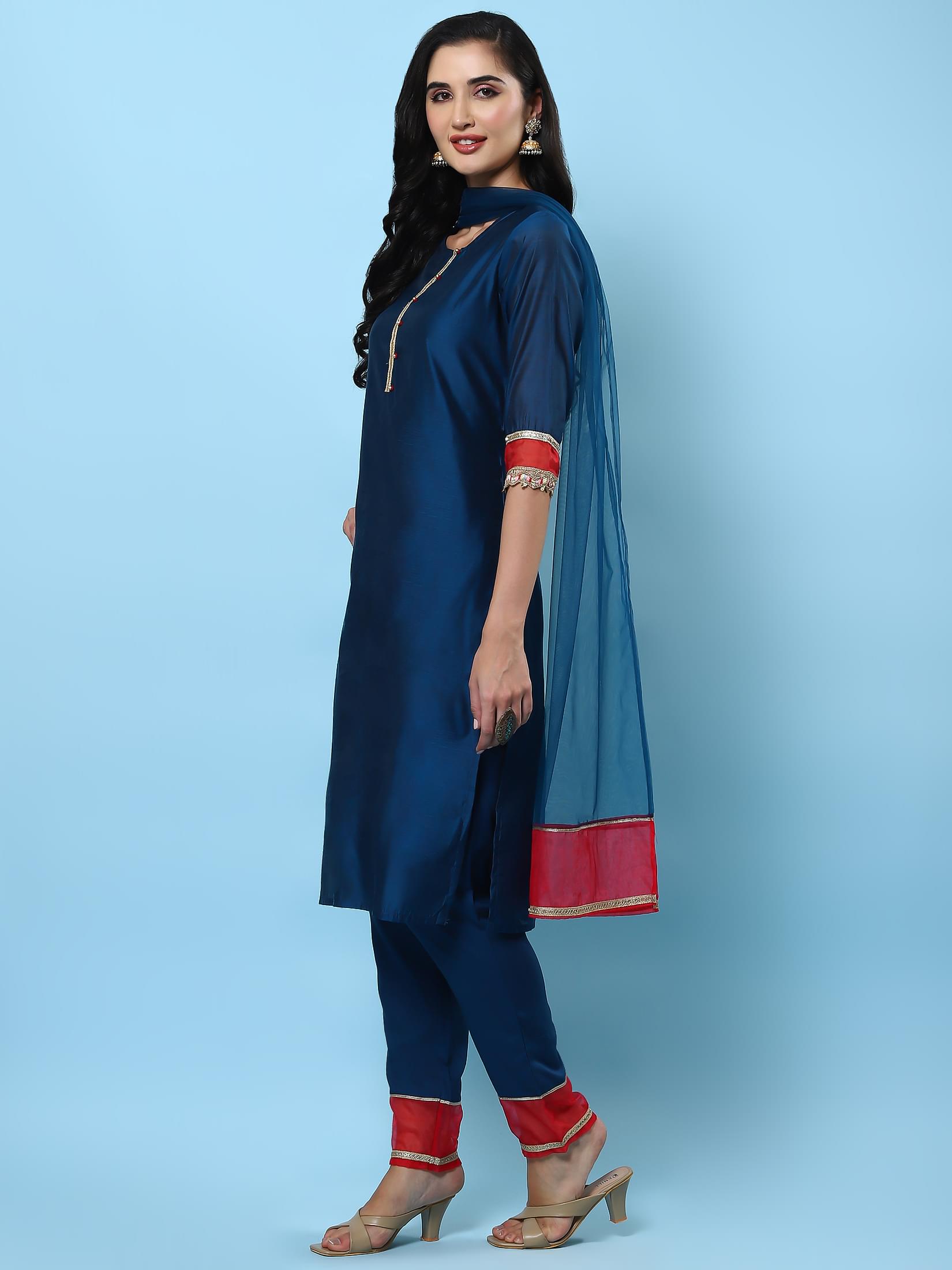Women Teal Solid Kurta Comfort Pant Dupatta.