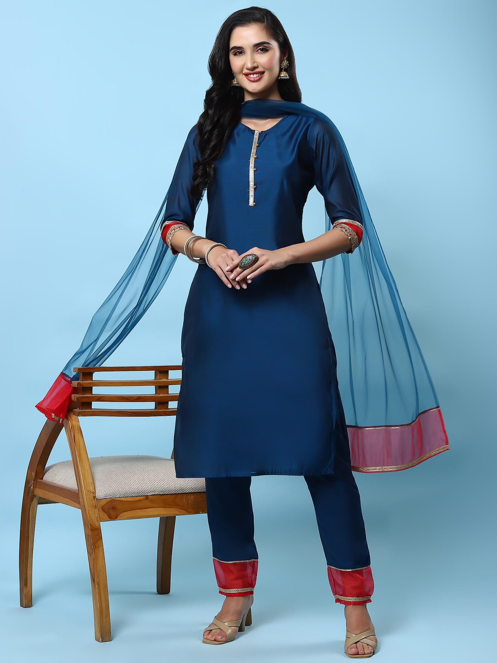 Women Teal Solid Kurta Comfort Pant Dupatta.